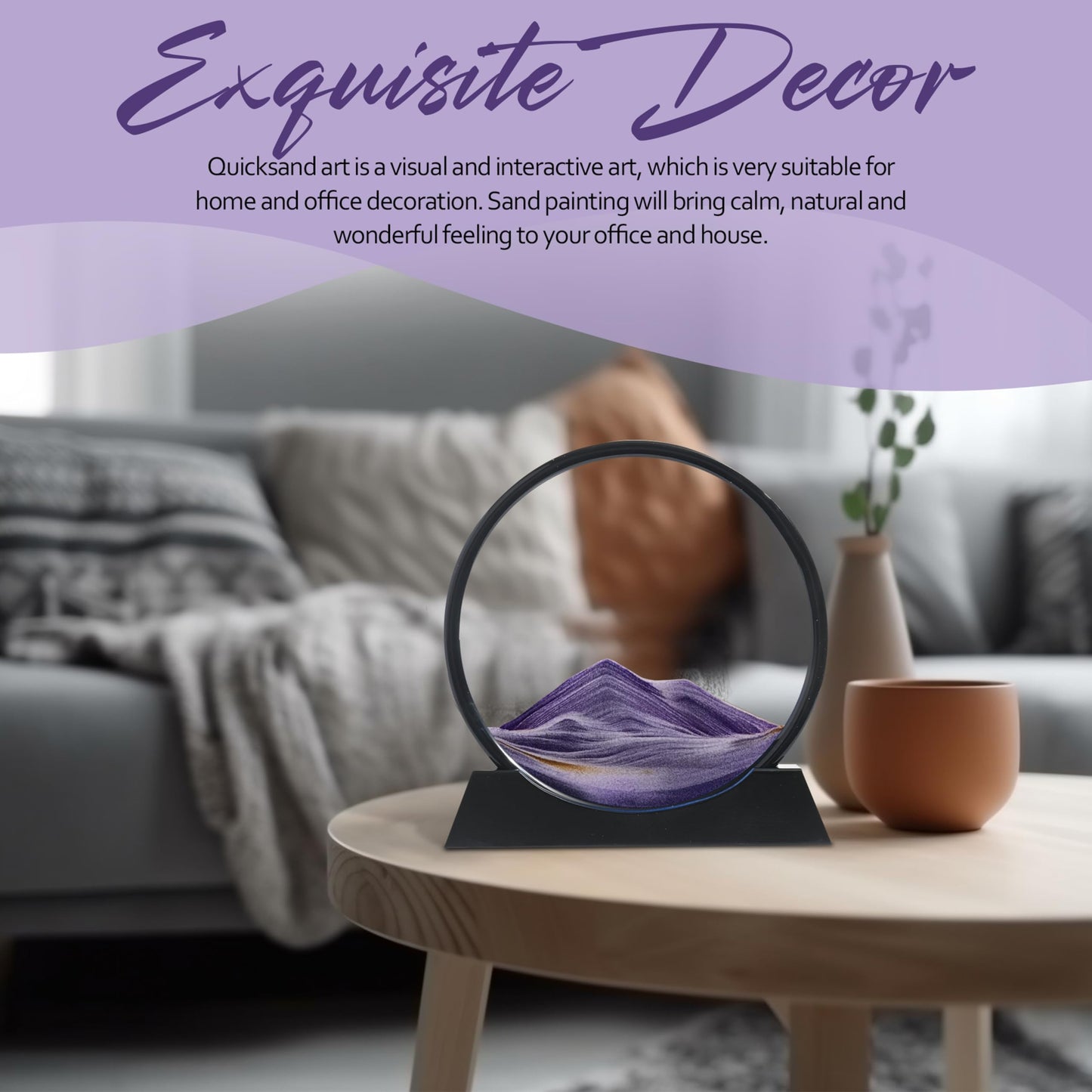 STEPOUT Moving Sand Art Liquid Motion - Perfect for Home, Office, Kitchen, Desk Decor, Crafted with Anit-Slip Wooden Base - Unique Picture Frame Style, 12" (Purple)