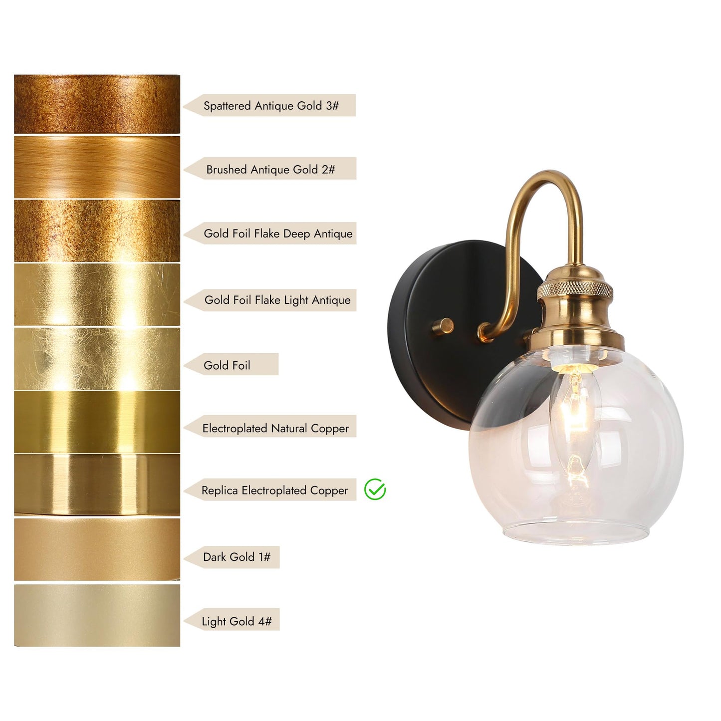 KSANA Black Gold Sconce, Modern Globe Wall Sconces Lighting with Clear Glass Shade, 1-Light Brass Wall Mounted Light Fixture for Bathroom, Kitchen, Bedroom and Stairway