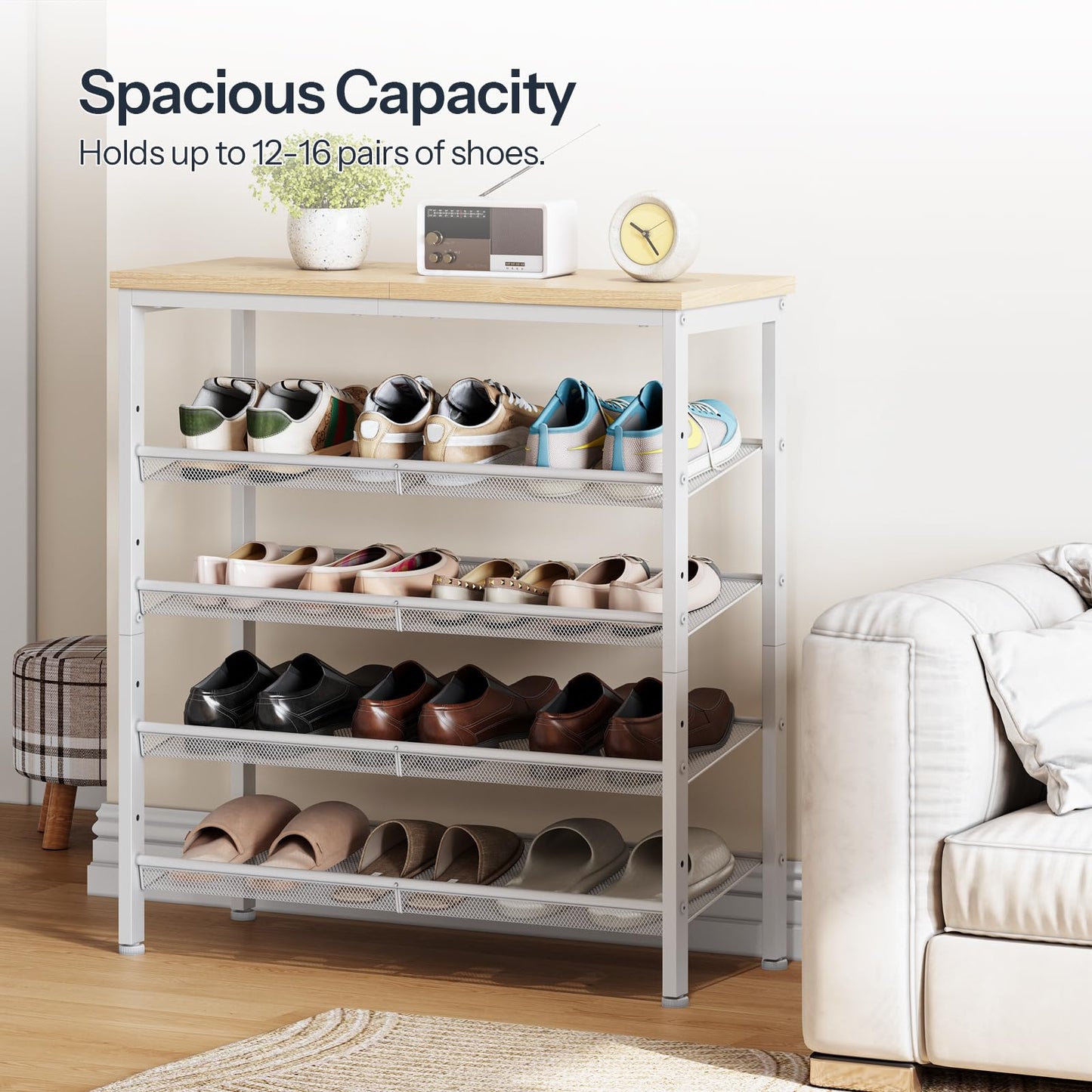 HOOBRO Shoe Rack for Entryway, 5-Tier Shoe Organizer with Adjustable Mesh Shelves, 12-16 Pairs of Shoes, Spacious Floor Mount, Metal, Industrial, Shoe Shelf for Closet, Natural and White WN12XJ01