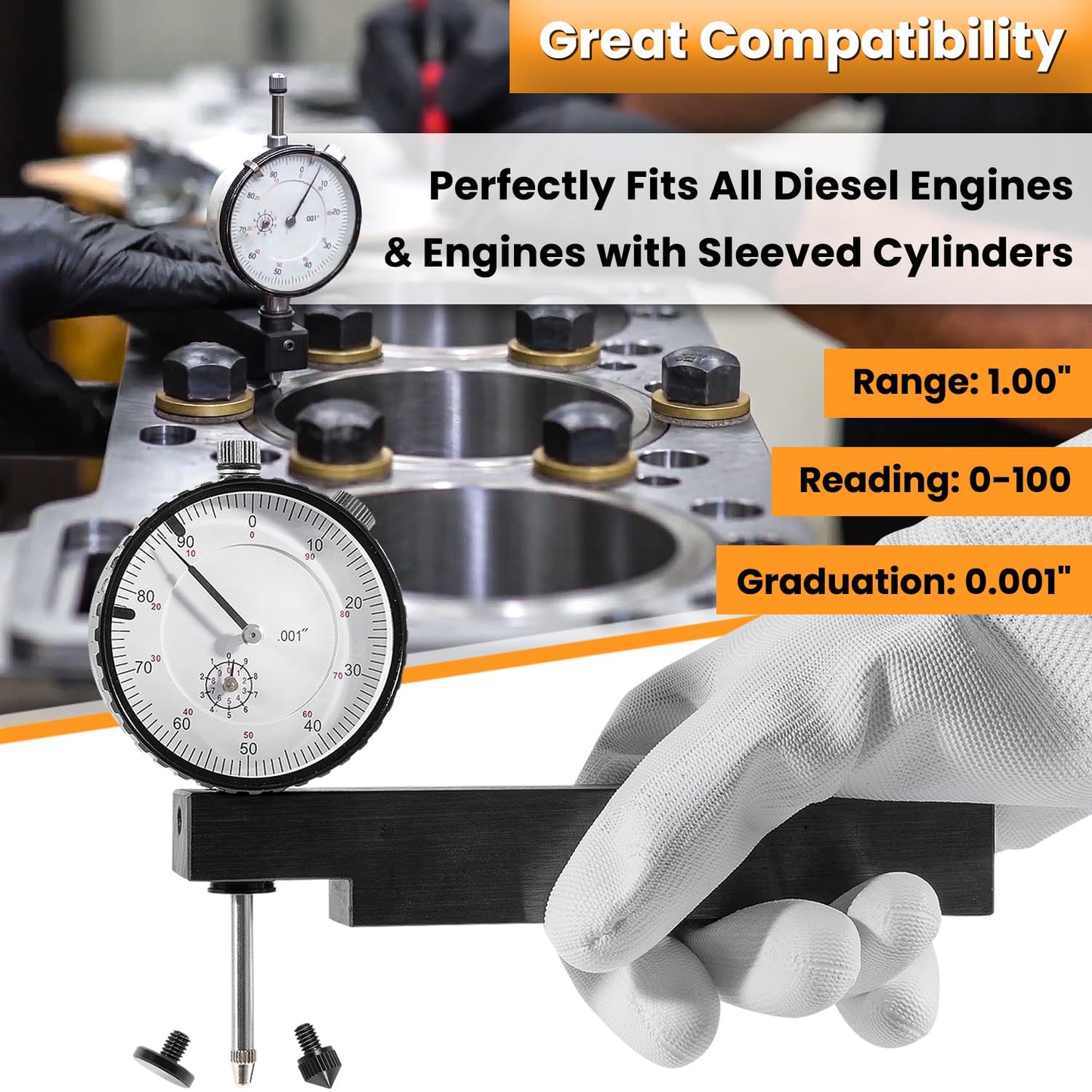 6434 Sleeve Height and Counter Bore Gauge for All Diesel Engines Cylinder Bore Gauge Range 0-1.00", Graduation 0.001", Reading 0-100