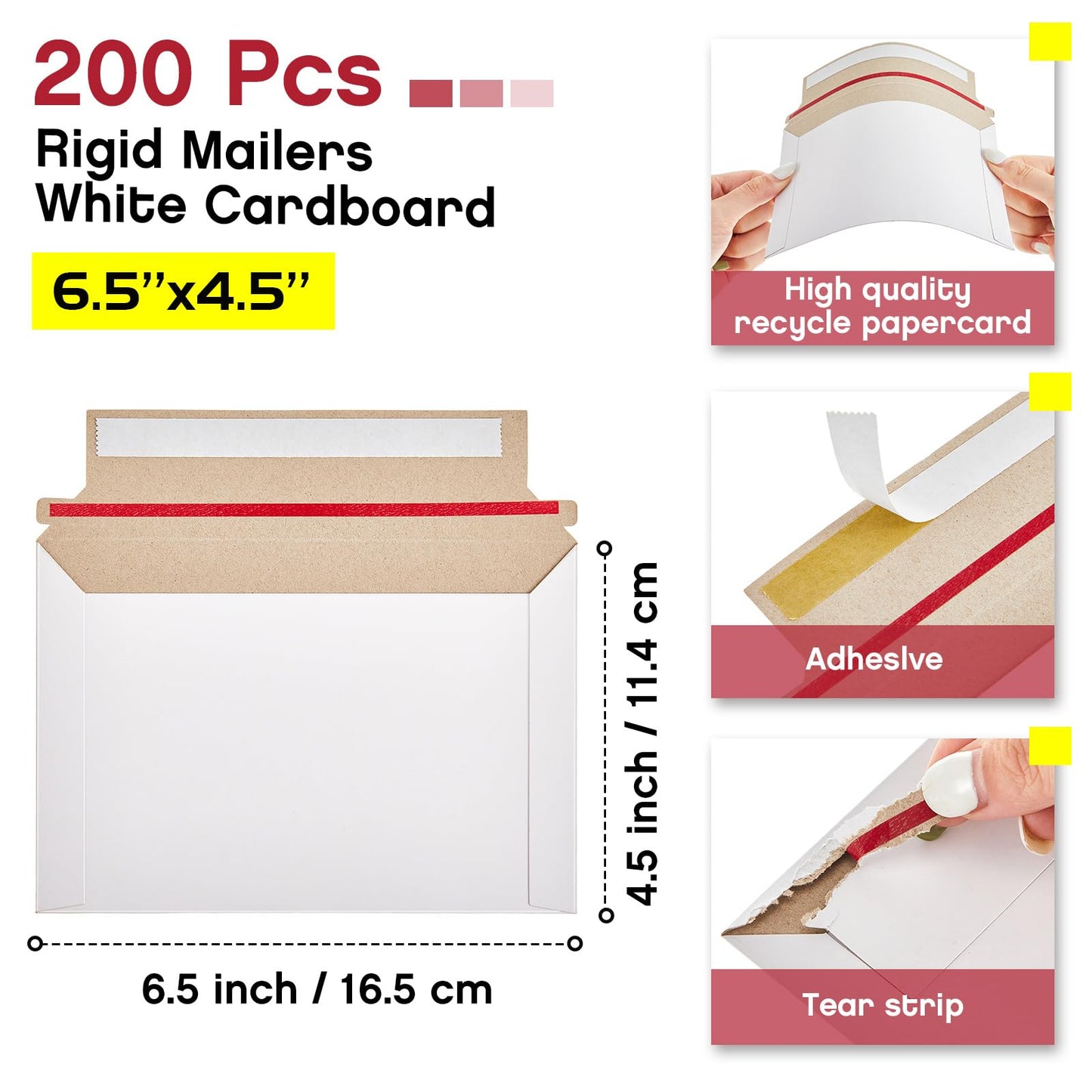 Affrolling 200 Pcs Rigid Photo Mailers with Self-adhesive Cardboard Card Shipping Envelopes Bulk for Document (6.5 x 4.5 Inch,White)