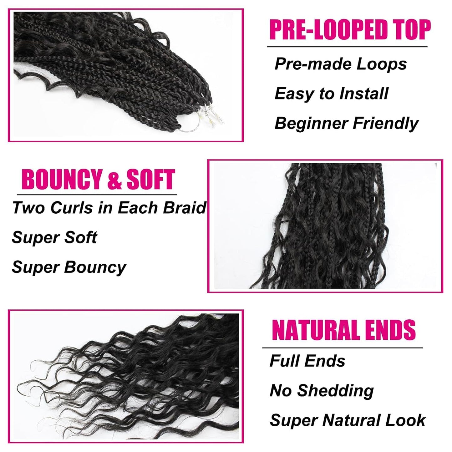 Boho Crochet Braids Human Hair Mixed 24 Inch Goddess Crochet Boho Box Braid with Human Hair Mixed Curls Bohemian Braids Crochet Hair for Black Women (24Inch,1B)
