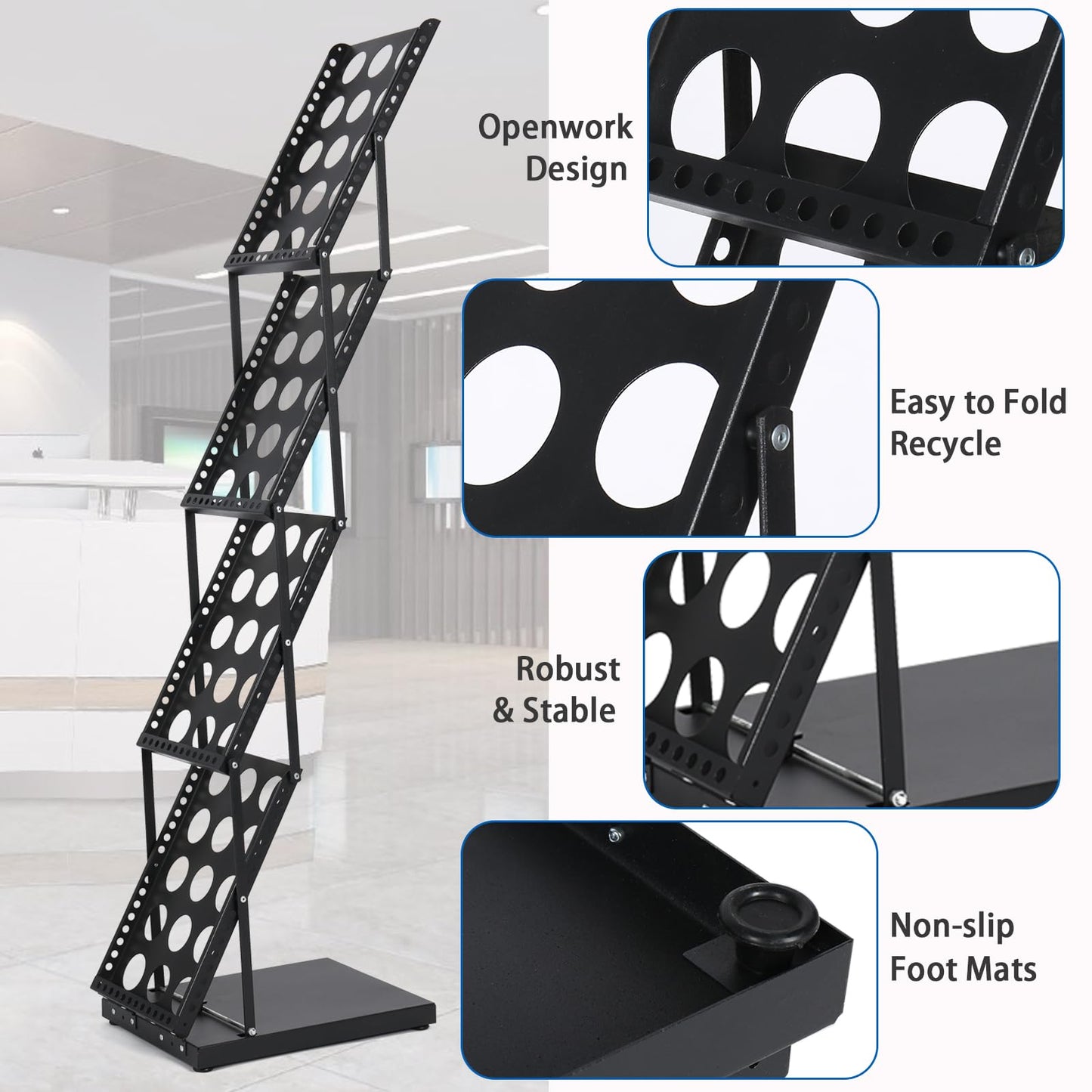 ZLDYPINK Brochure Display Stand Foldable Magazine Rack, Metal Brochure Holder Literature Rack with Carrying Bag, 4 Pockets Literature Stand for Exhibition Trade Show and Office Retail Store, Black