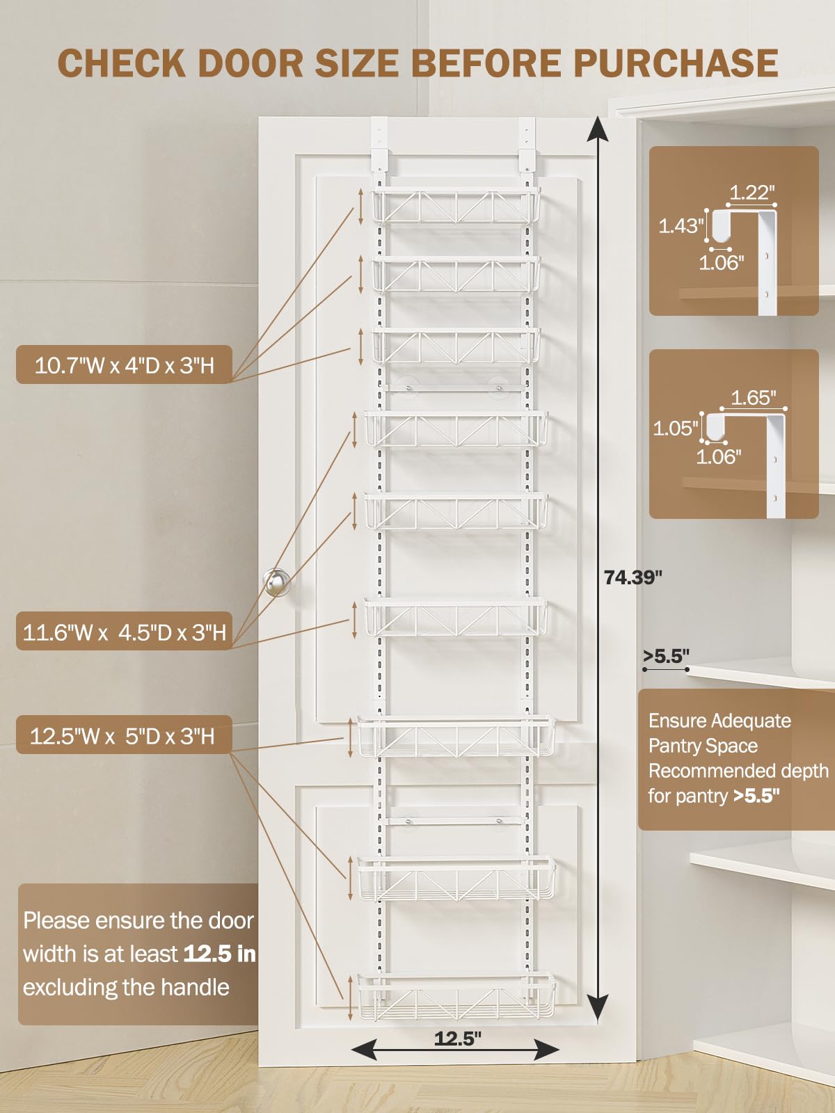 Delamu Narrow 9-Tier Over the Door Pantry Organizer, Adjustable Pantry Storage, Metal Hanging Spice Rack, Cabinet Door Organizer for Kitchen, Bathroom, Laundry Room, 12.5" White