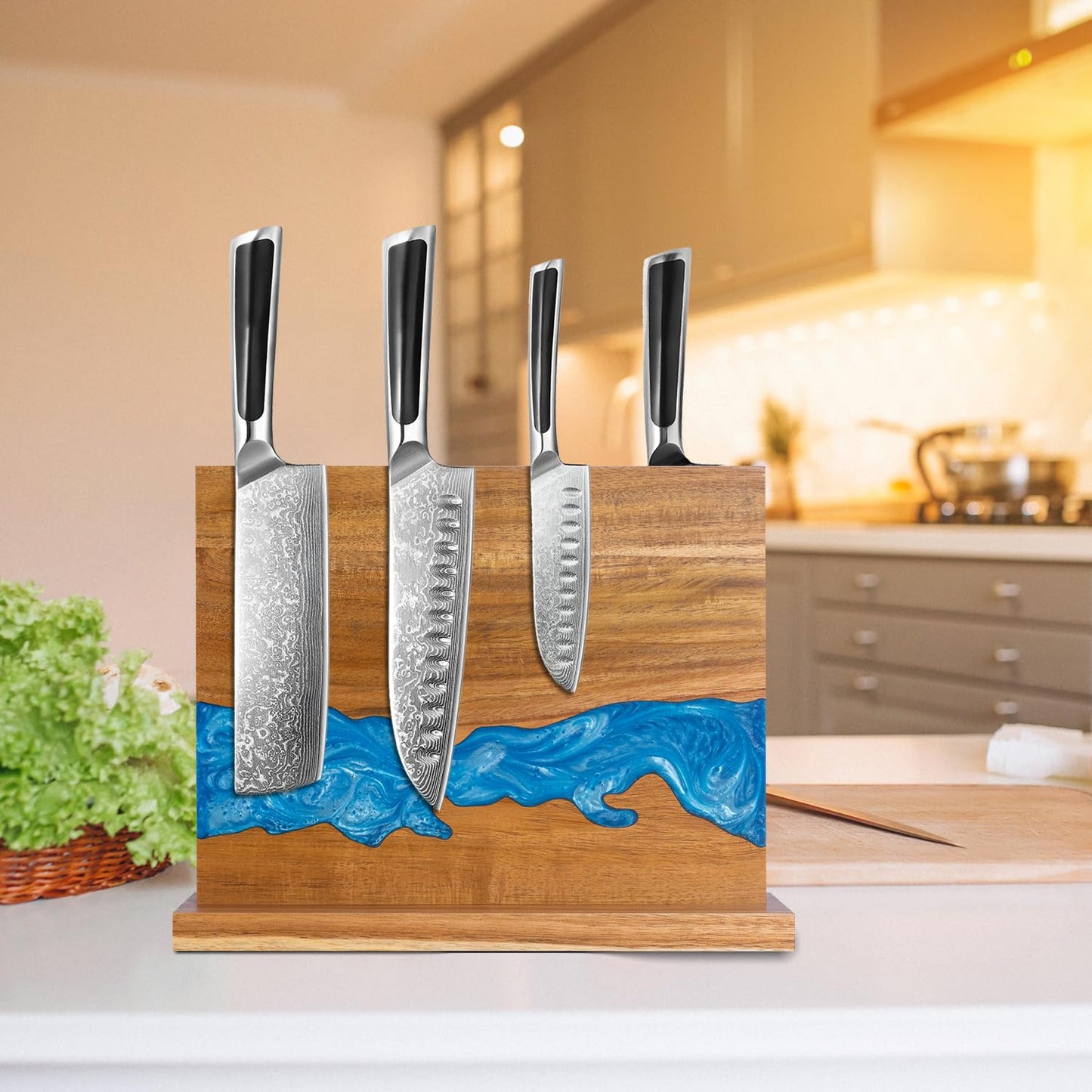 minyuexia magnetic knife holder - Acacia wood Magnetic Knife Block, Magnetic Knife Storage with double-sided magnetic, blue resin river, 12.59 × 9.84 inches (Without knife)
