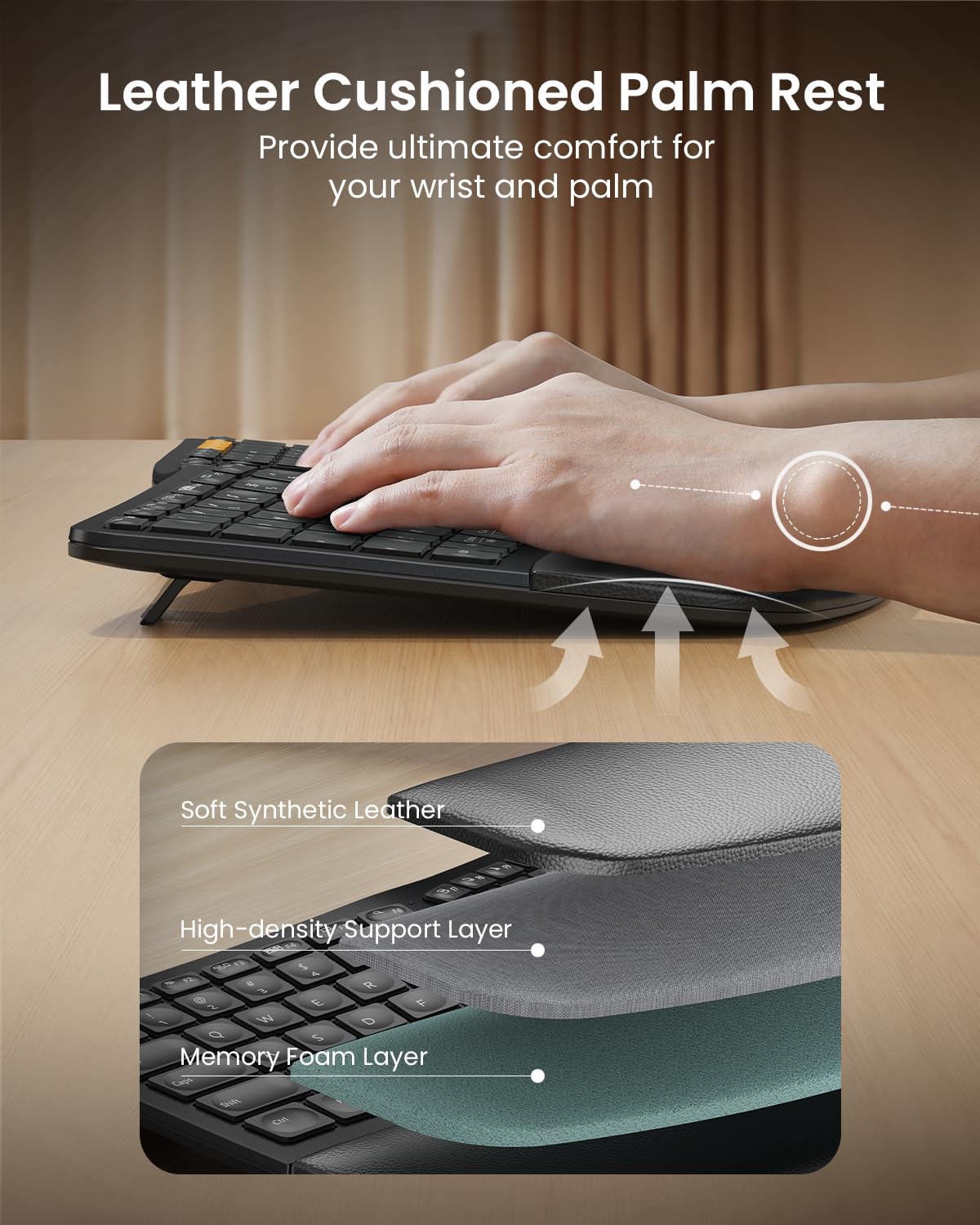 ProtoArc Backlit Wireless Ergonomic Keyboard, EK01 Plus Full Size Ergo Keyboard with Wrist Rest, Split Design, Rechargeable, Bluetooth and USB, Natural Typing Compatible with Windows/Mac/Android Black