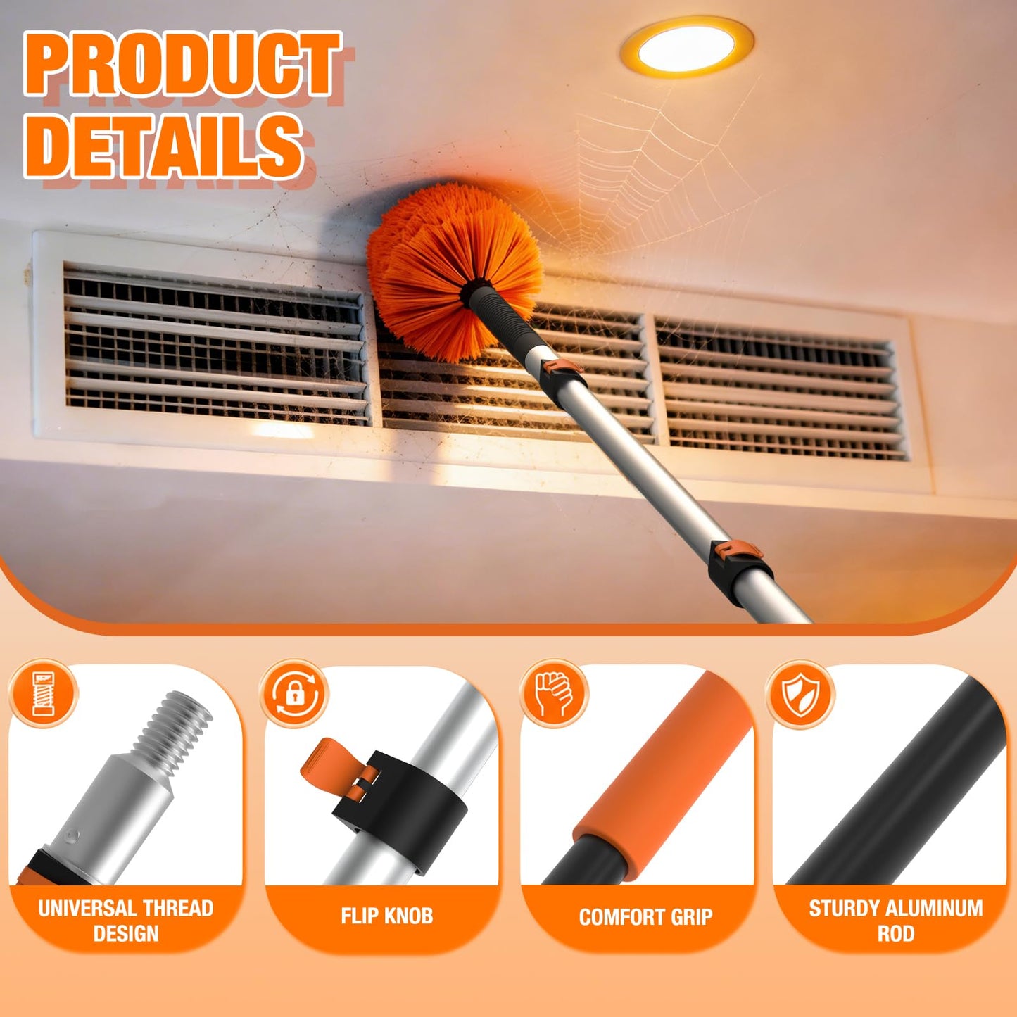 LAANPOLE 20FT Cobweb Duster with Extension Pole, Spider Web Brush for Cleaning Extendable, Professional Ceiling and Corner Dusters for Outdoor Indoor Use