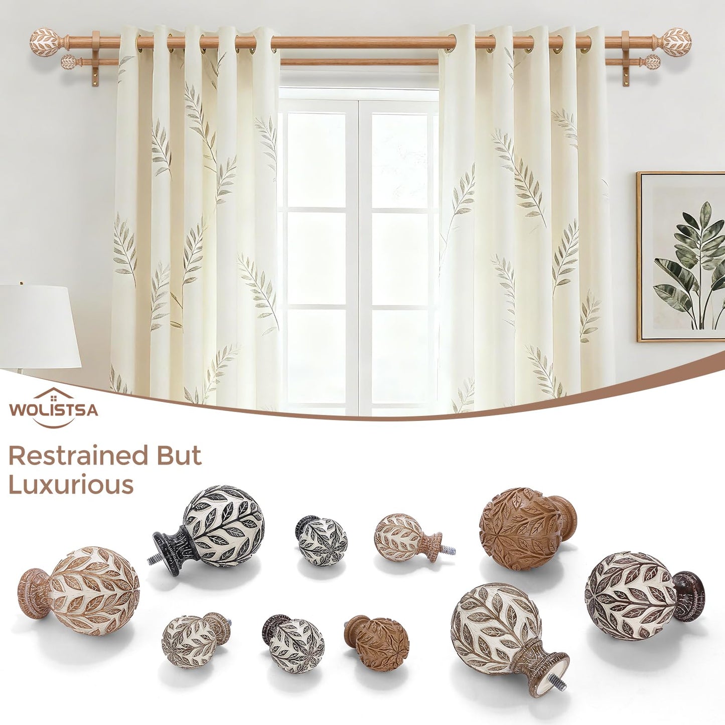 Wood Double Curtain Rod 36-122 Inch, Boho Decorative Long Dual Curtain Rods for Windows, 1" Adjustable Heavy Duty Double Rod, Unique Handmade Imitation Wood Grain Leaf Finial Design