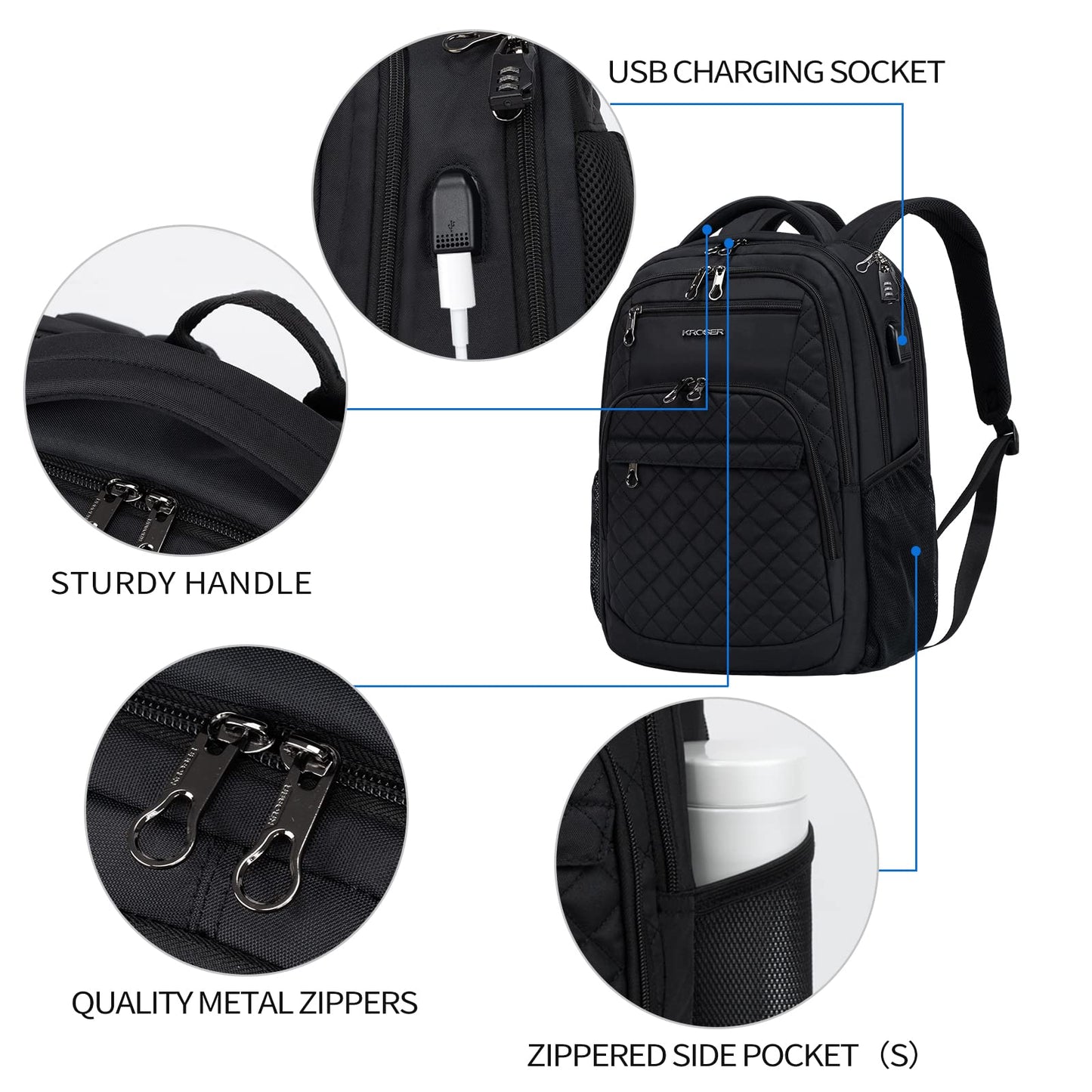 KROSER Travel Laptop Backpack 17 Inch Large Computer Backpack Water-Repellent Daypack with USB Charging Port RFID Pockets for Work/Business/College/Men/Women(Quilted)
