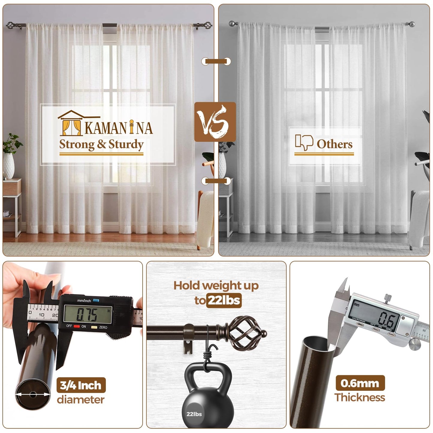 KAMANINA 2 Pack Curtain Rods 32 to 58 Inches (2.6-4.8ft), 3/4 Inch Curtain Rods for Windows Splicing Adjustable Single Drapery Rod with Twisted Cage Finial, for Indoor and Outdoor, Bronze
