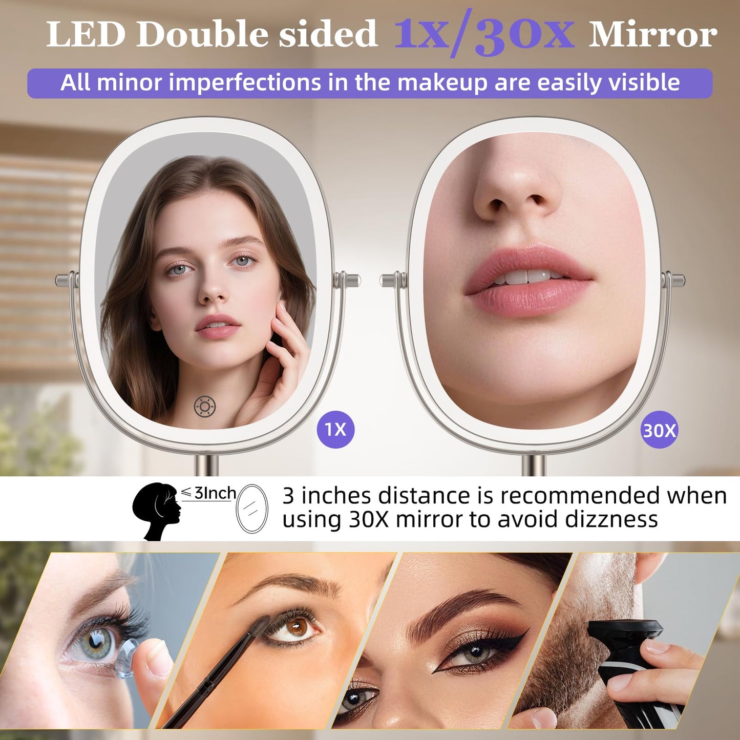 FUNTOUCH 30X/1X Wall Mounted Lighted Makeup Mirror,5000mAh Rechargeable Double Sided Magnifying Bathroom Lighted Mirror, 3 Color Modes Touch Dimmable Extended Arm 360 Rotation, Brush Nickel