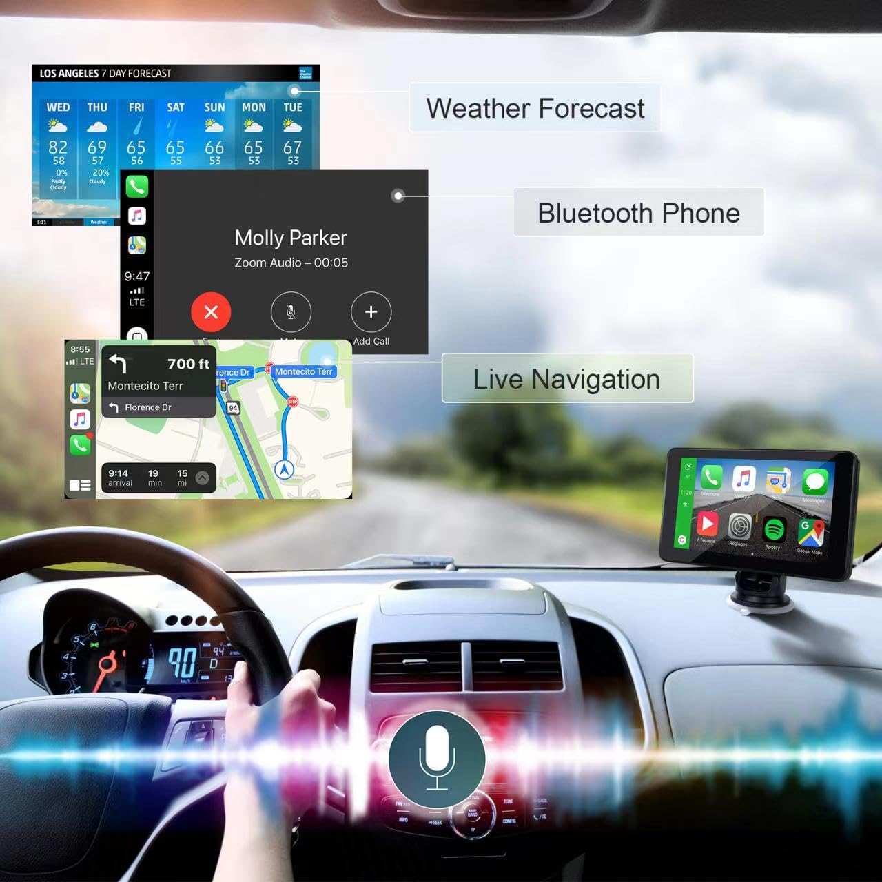 Wireless Apple Carplay Screen for Car, 7" HD Touch Screen Portable Car Stereo for Carplay & Android Auto ，with Backup Camera,Mirror Link, GPS Navigation, Siri, AirPlay, AUX, FM, Voice Control