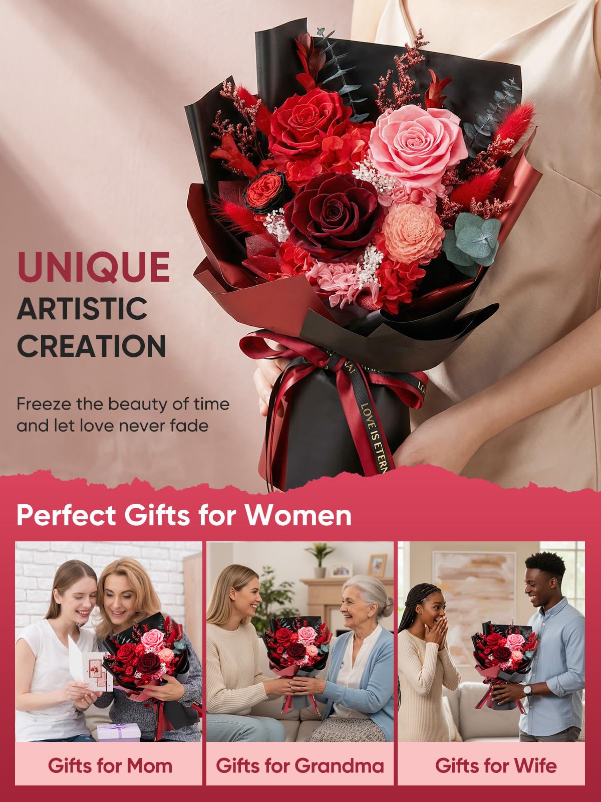 Bessol Flowers for Delivery Preserved Flower Bouquet Forever Fresh Flowers Birthday Gifts for Women Mom Anniversary Red Real Rose Gifts for Grandma Wife Girlfriend Sister Her from Daughter