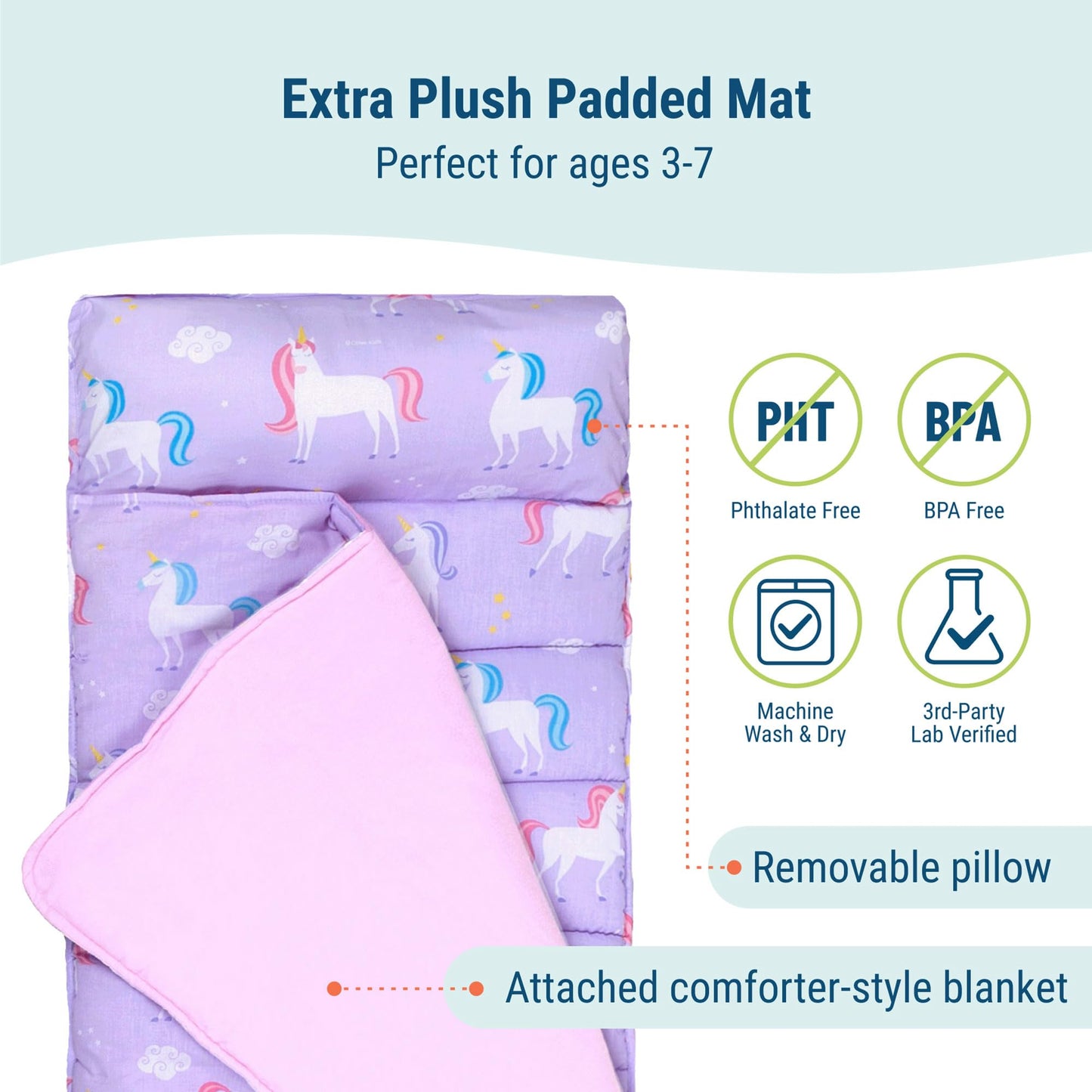Wildkin Kids Original Nap Mat – Cozy Kids Sleep Mat with Pillow, Ideal for School & Travel - Unicorn