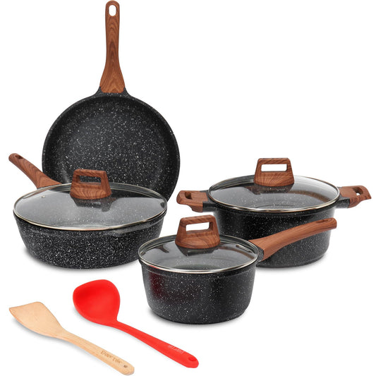 ESLITE LIFE Nonstick Cookware Sets, 9 Pcs Granite Coating Pots and Pans Set Kitchen Cooking Set, Compatible with All Stovetops (Gas, Electric & Induction), PFOA Free, Black