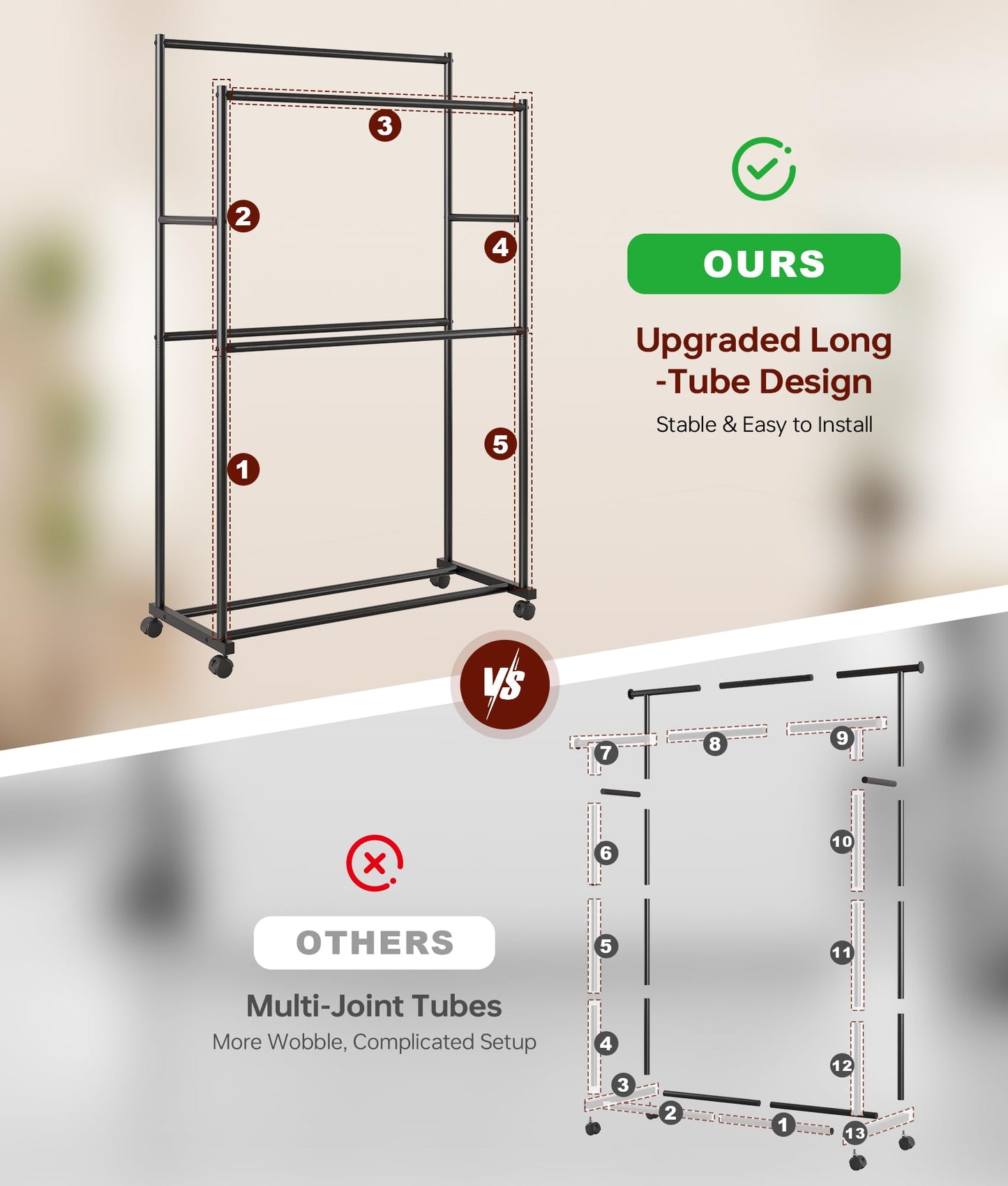 Tujurich Clothes Rack - 36.2" x 21.3" x 72", 4-Bar Double Rod Rolling Metal Clothing Rack for Hanging Clothes, Portable Garment Rack with Wheels for Bedroom Laundry, Closet Wardrobe, Black