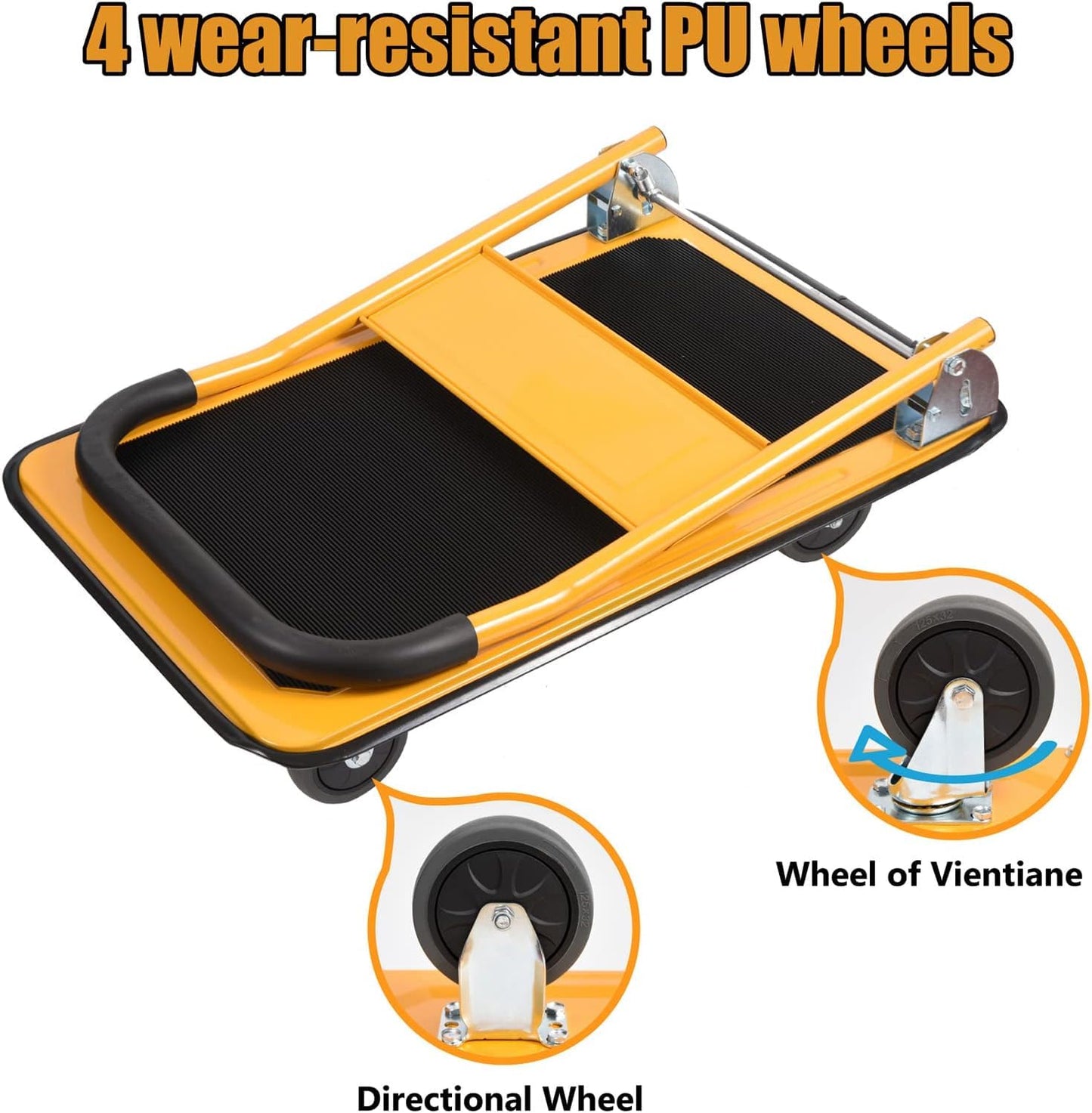 LEADALLWAY Foldable Push Cart Platform Cart 330lbs Capacity 4 Wheels 28.7x18.5x32.3inches Yellow Small Flatbed Cart