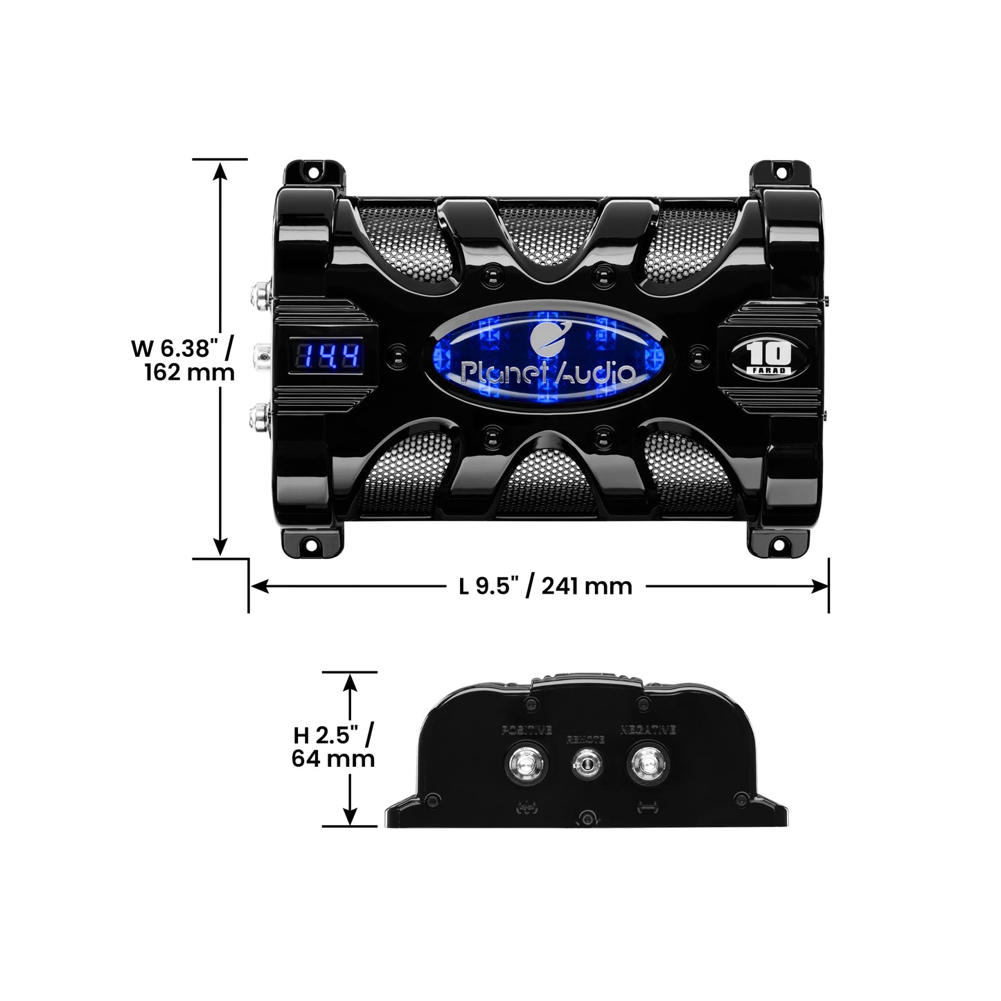 Planet Audio PC10F Car Capacitor - 10 Farad, Energy Storage, Enhance Bass from Stereo, Warning Tones, LED Voltage Meter
