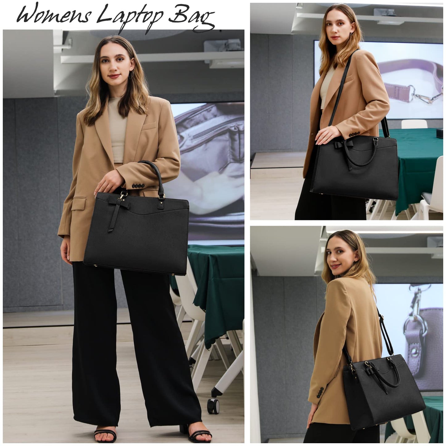 RAINSMORE Laptop Bag for Women 15.6 Inch PU Tote Bag Business Office Work Bag Waterproof Briefcase Computer Tote Lightweight Handbag Shoulder, Black