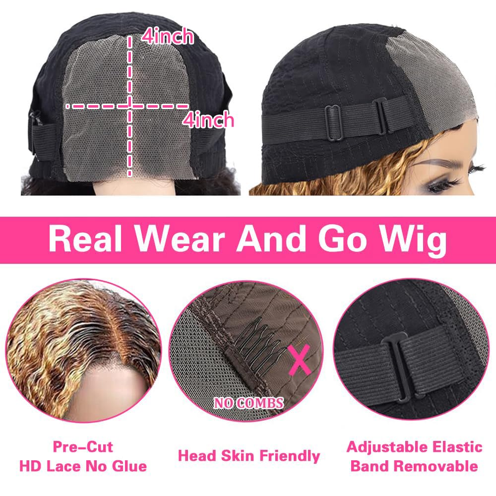 26inch Wear and Go Glueless Deep Wave 4/27 Highlight HD Transparent Lace Front Wigs Human Hair Wet and Wavy Curly Lace Frontal Wigs Pre Plucked with Baby Hair 200% Density