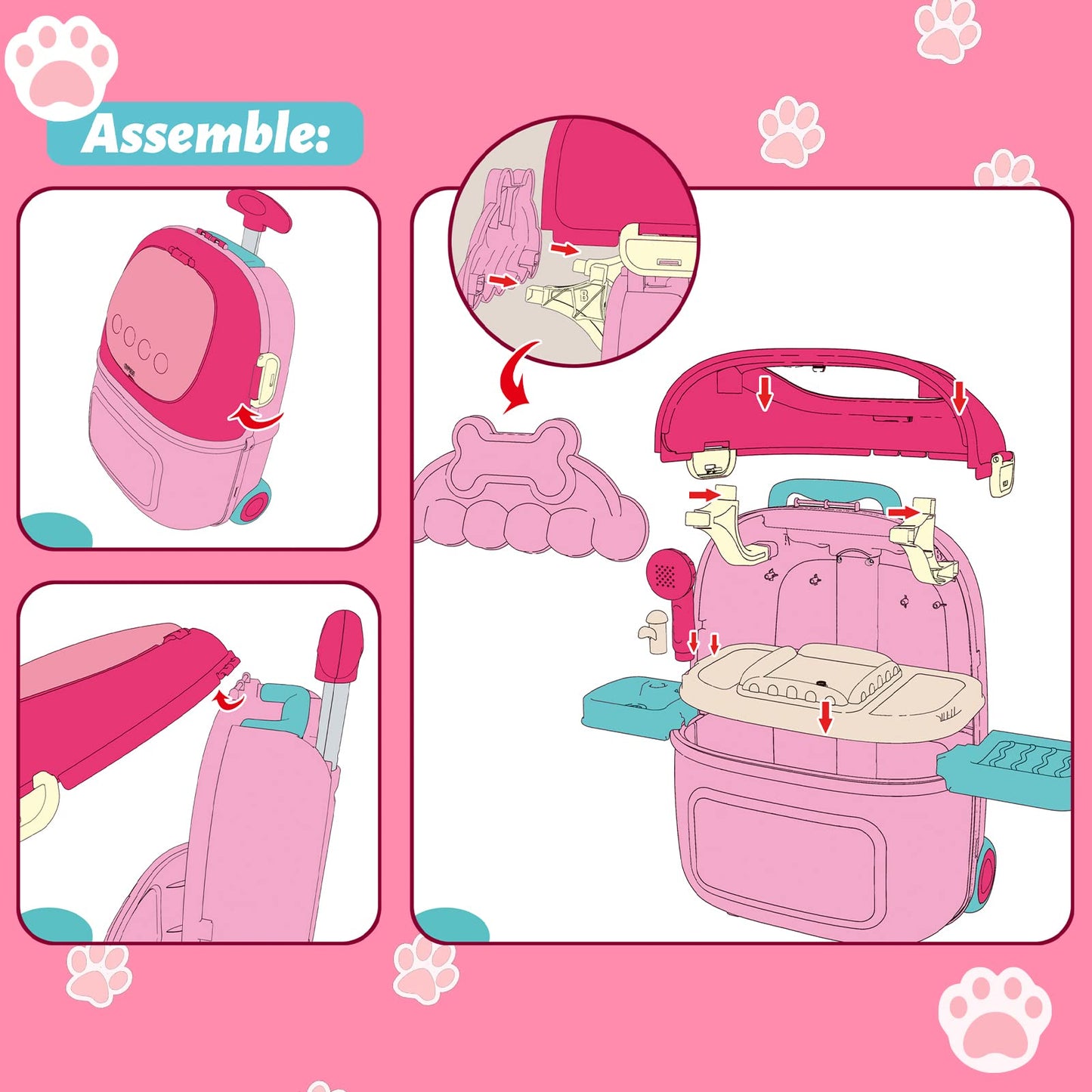 MAGIC4U Pet Cat Care Carrier Suitcase Toy, 29PCS Vet Clinic and Doctor Kit for Kids, Pet Kitty Grooming Feeding Toys, Veterinarian Pretend Play Set, Gifts for Boys and Girls Ages 3-12