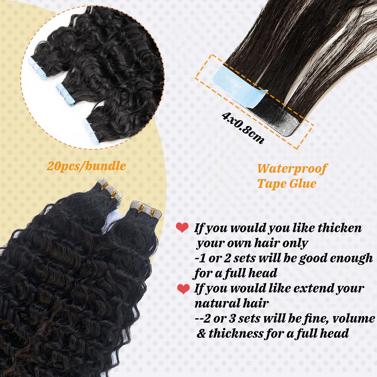 Natural Black Water Wave Tape in Human Hair Extension Black Women,100% Brazilian Virgin Hair Skin Weft Loose Wave Tape on Double Sided Hair Extensions for Short Hair…