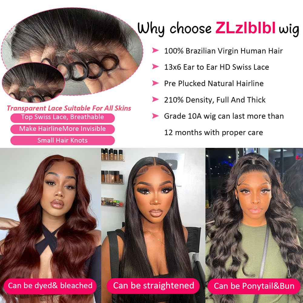 Zlzlblbl 13x6 Lace Front Wigs Human Hair Pre Plucked 210 Density Body Wave HD Lace Front Wigs for Women Human Hair Glueless (Natural Color Body Wave Wig, 24 Inch)