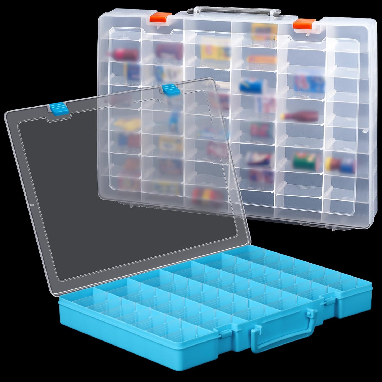 Juexica 2 Pack 48 Grids Clear Plastic Organizer Box with Removable Dividers Toy Collector Box Transparent Compartment Container Storage for Toy Jewelry Craft Bead (Box Only) (Clear, Blue)
