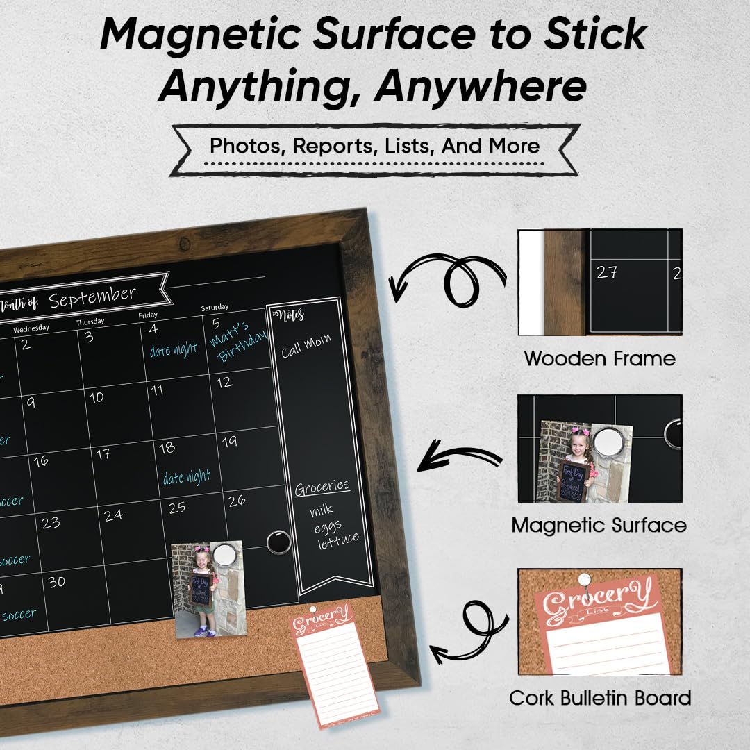 Loddie Doddie Framed Chalkboard Calendar & Bulletin Board - 18 x 24 in, Rustic - Easy-Clean Calendar Chalkboard - Menu Board for Kitchen - Magnet Display