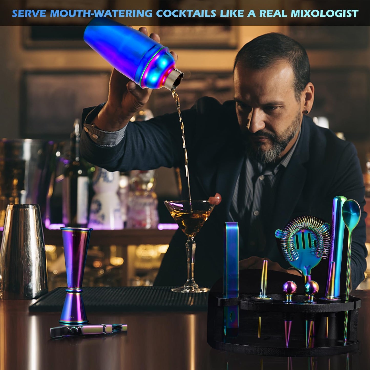 Safring Bartender Kit with Stand, 12-Piece Bar Set | 24oz Cocktail Shaker Set for Drink Mixing, Martini Shaker Set with Bar Tools, Recipes Booklet | Fun Housewarming Gift (Rainbow)