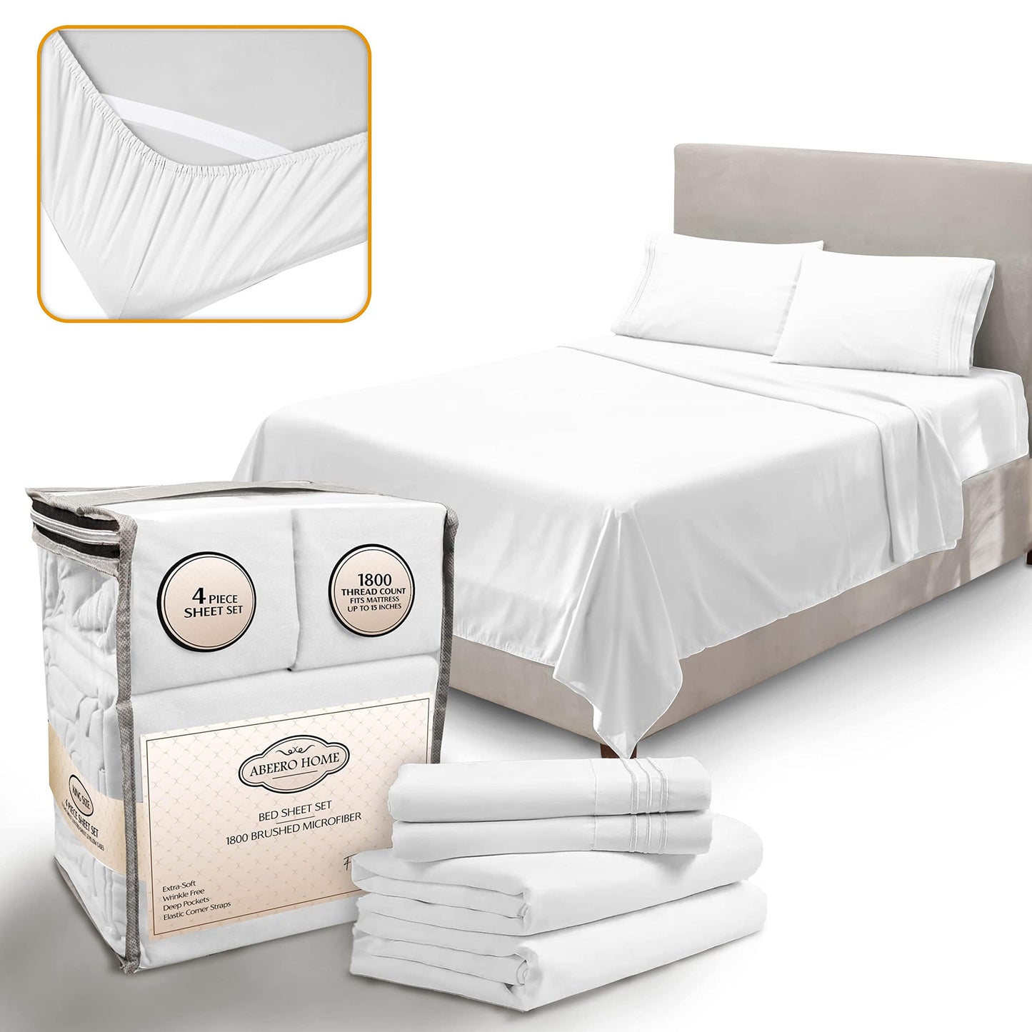 Abeero Home King Size Sheets Set Cooling - Luxury Hotel Sheets - Soft Bed Sheet with Elastic Corner Straps - Deep Pockets Microfiber Bedsheet - Bedding Sheet & Pillowcases - 4 Piece (King, White)