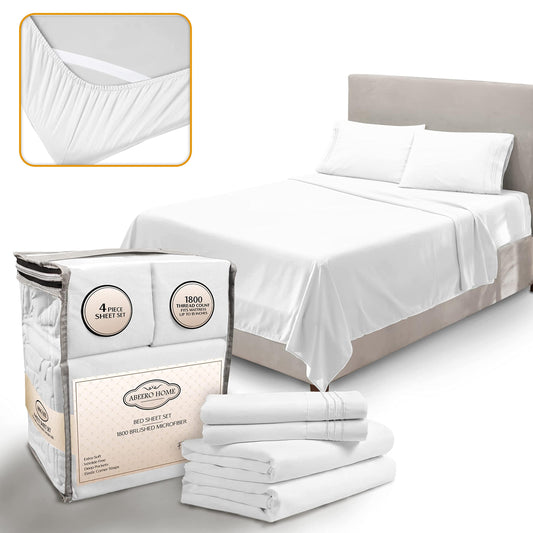 Abeero Home King Size Sheets Set Cooling - Luxury Hotel Sheets - Soft Bed Sheet with Elastic Corner Straps - Deep Pockets Microfiber Bedsheet - Bedding Sheet & Pillowcases - 4 Piece (King, White)