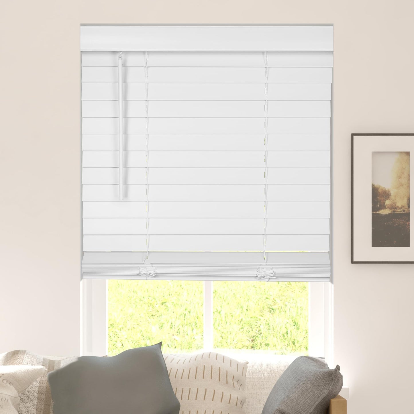 CALYX INTERIORS Faux Wood Blinds with Classic Valance, Cordless, 2" Slat, 34.5" W x 60" H, Room Darkening Shade for Windows and Doors, Pure White