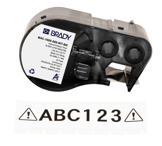 Brady Authentic (M4C-1000-595-WT-BK) All-Weather Vinyl Labels 1 in W x 25ft Black on White. for use with BMP41, BMP51, M410, M510, and M511 Label Printers.
