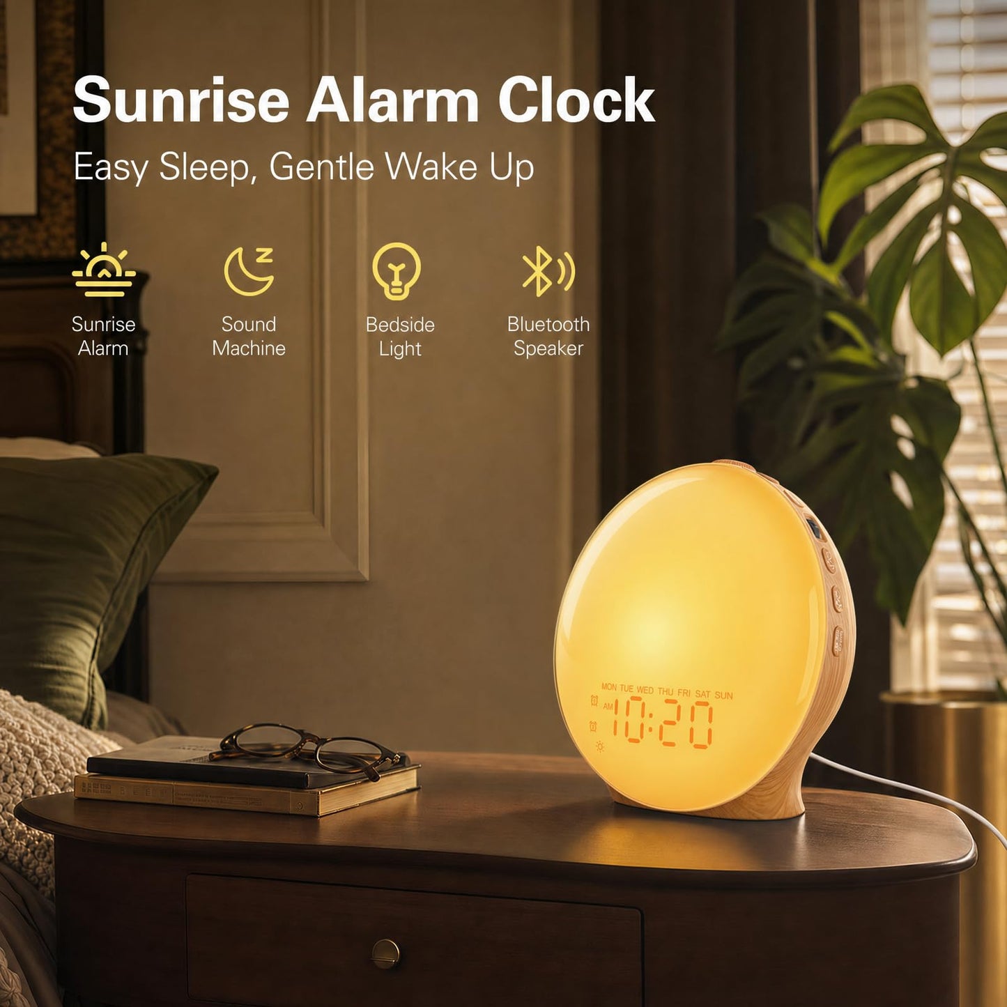 JALL Full-Screen Wake Up Light Sunrise Alarm Clocks for Bedrooms, White Noise Machine for Heavy Sleepers & Kids, 25 Natural Sounds, Dual Alarms, FM Radio, 17 Dimmable Colors, Bluetooth Speaker