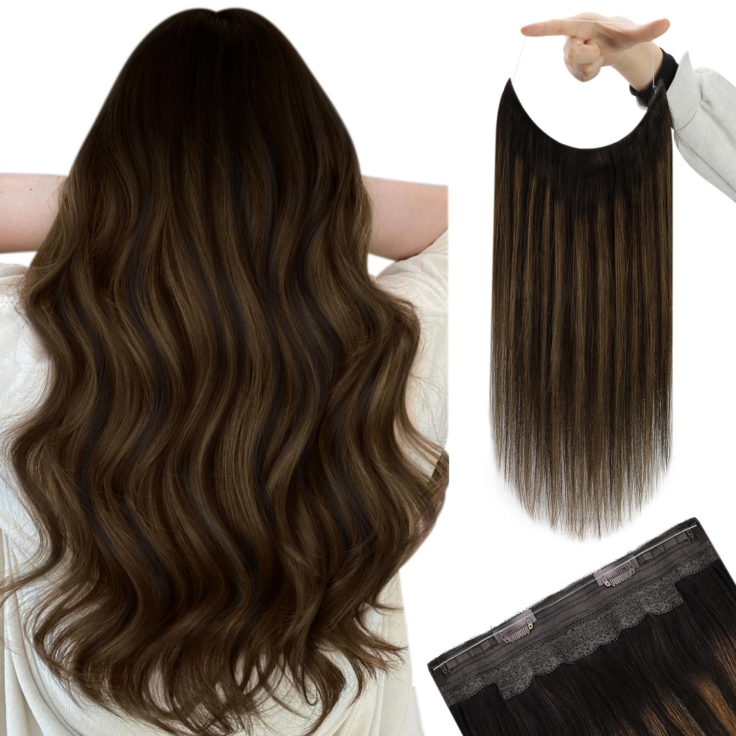 YoungSee Wire Human Hair Extensions Brown Wire Couture Hair Extensions Human Hair Balayage Darkest Brown with Medium Brown Wire Extensions Real Human Hair Comfortable Human Hair Extension 80G 16In