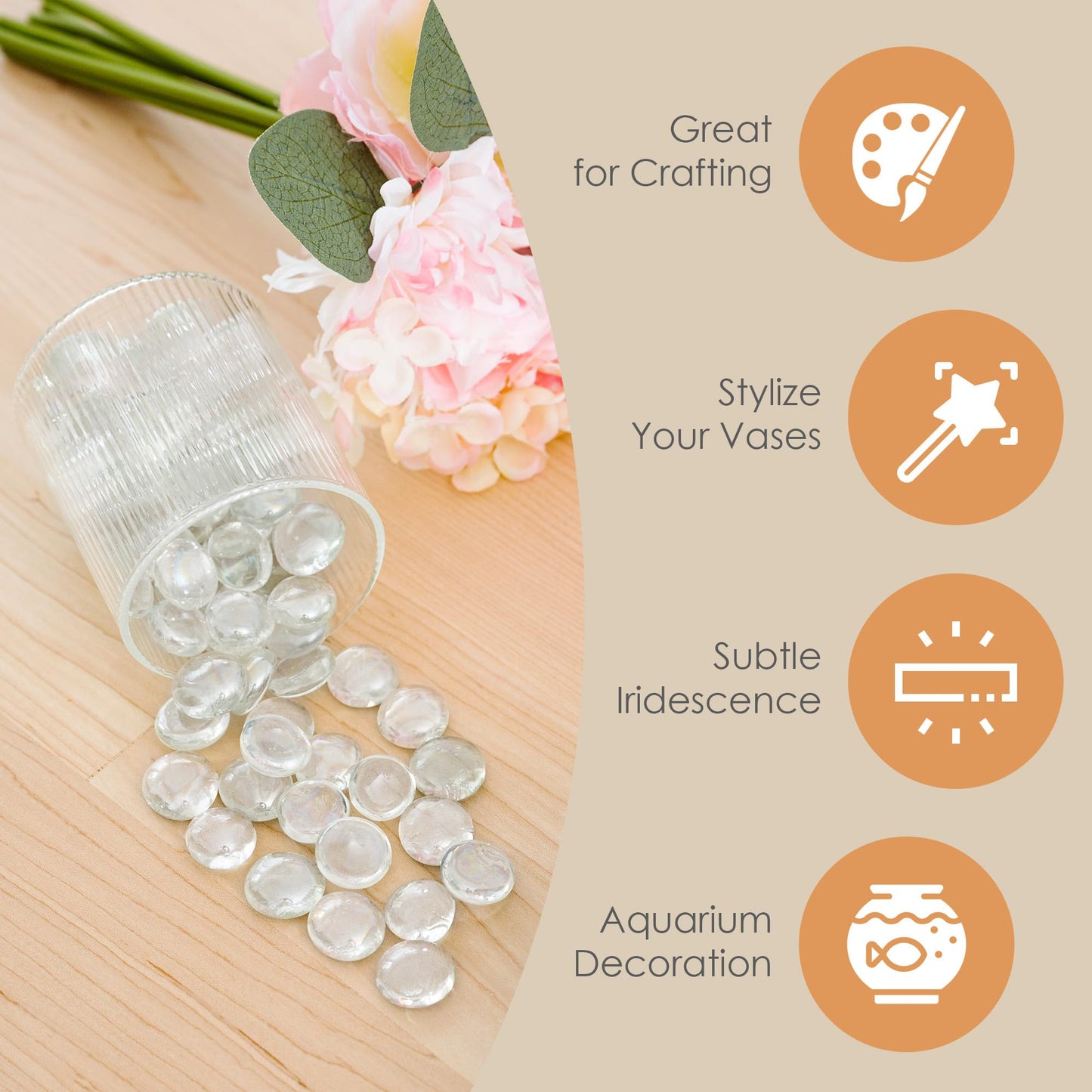 Houseables Glass Beads for Vases, Marbles for Vases, Glass Marbles, Vase Filler, Clear Beads, Flat Marble, Clear Gems, Crafts, Pebbles, Stones, Decorative Rocks, Plants, Florist, Floral, 10 LB, 1000PC