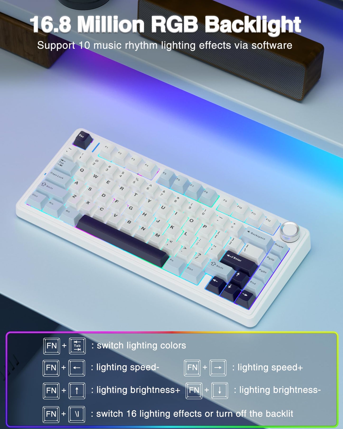 AULA F75 75% Wireless Mechanical Keyboard,Gasket Hot Swappable Custom Keyboard,Pre-lubed Reaper Switches RGB Backlit Gaming Keyboard,2.4GHz/Type-C/BT5.0 Mechanical Keyboard (White & Blue)