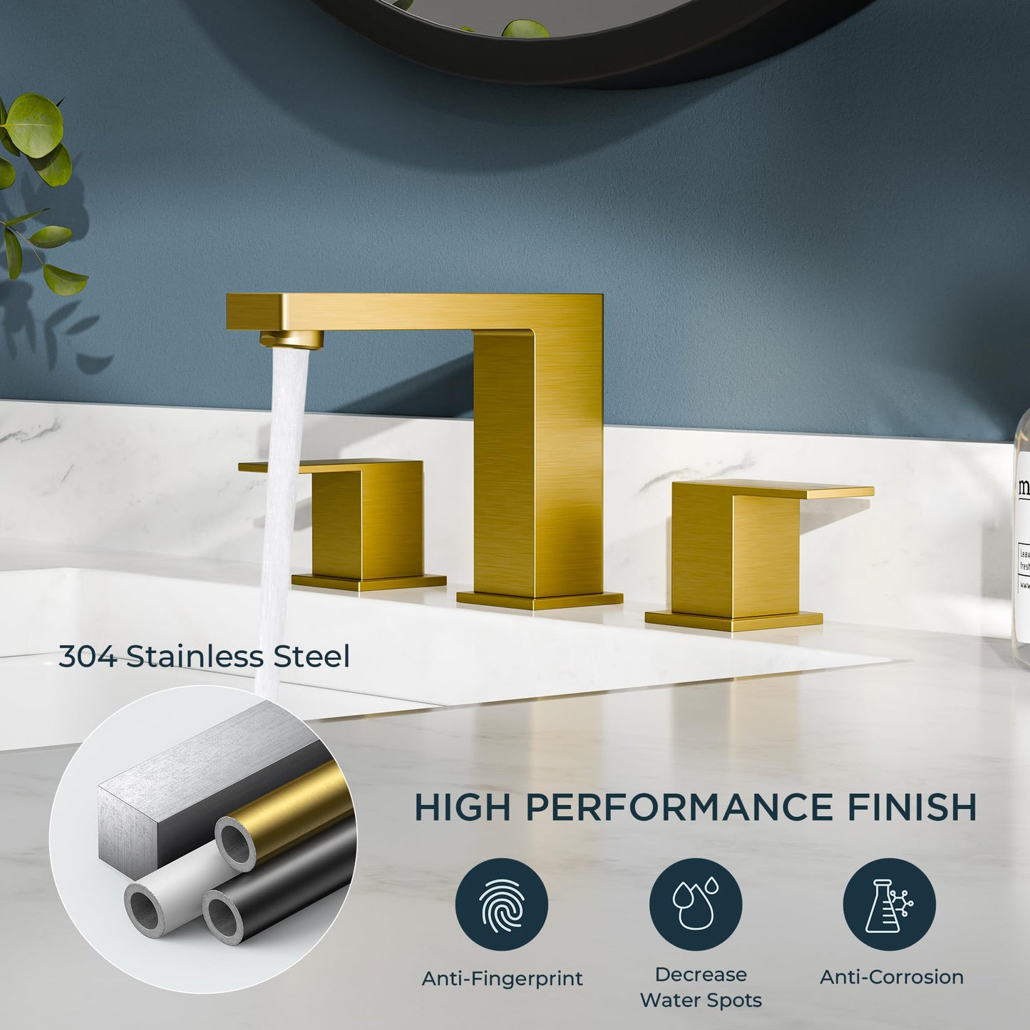 FORIOUS Brushed Gold Bathroom Vanity Faucet 3 Hole, 8 Inch Widespread Square Bathroom Sink Faucet with Metal Pop-Up Drain and cUPC Supply Lines Included for Restroom, Lavatory, Basin Sink