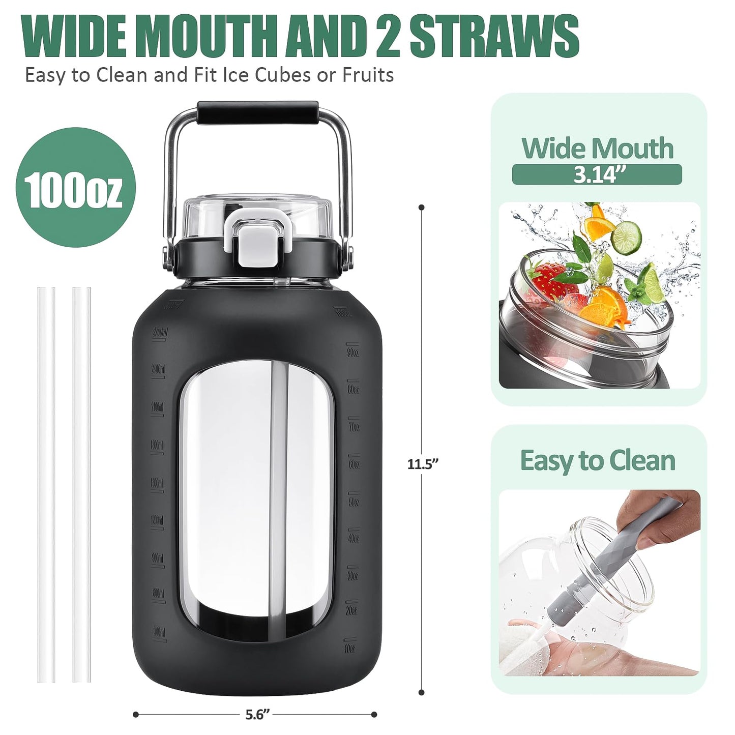 WINSA Large Glass Water Bottles with Stainless Steel Handle,100 oz Gallon Drinking Bottle with 2-in-1 Straw Lid,3 Liter Glass Water Jug with Silicone Sleeve,Wide Mouth,Black
