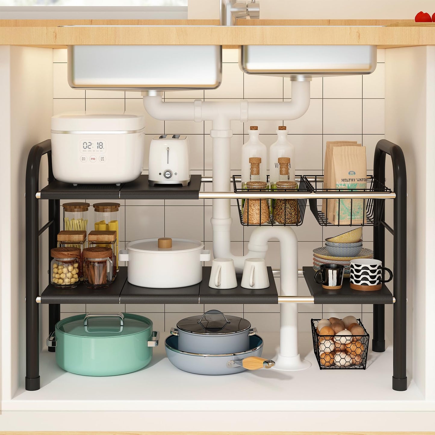KOSIWU Expandable Under Sink Organizer, 2 Tier Under Sink Shelf with 2 Removable Baskets and 6 Removable Panels for Cabinet Sink Cloakroom Wardrobe Closet Storage(Black, 17.71”-32”Length
