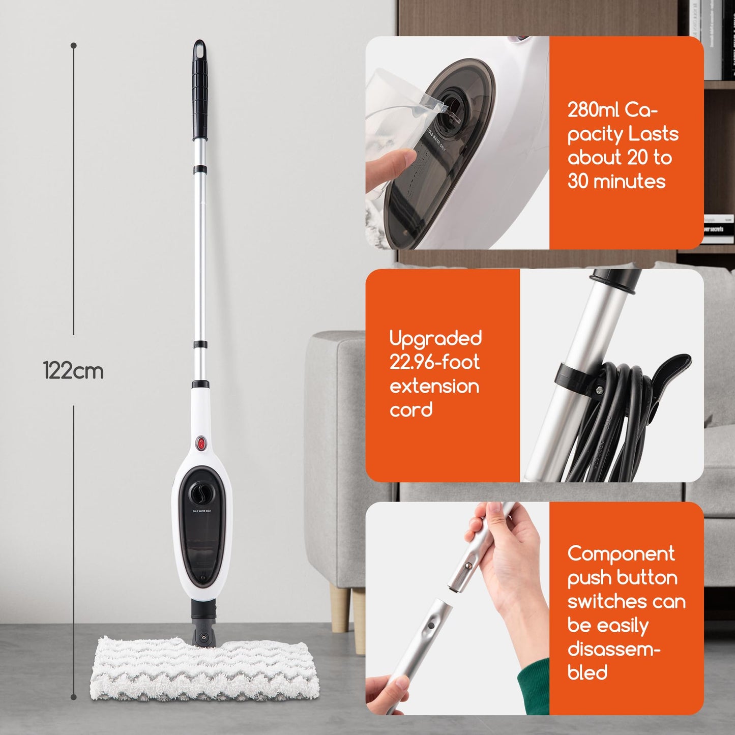 REECOO Steam Mops for Floor Cleaning, Unique Double-Sided Flip Design, 15 Seconds Fast Heating，10-in-1 Steam Cleaner for Kitchen, Living Room Wood Floor Tile Cleaning