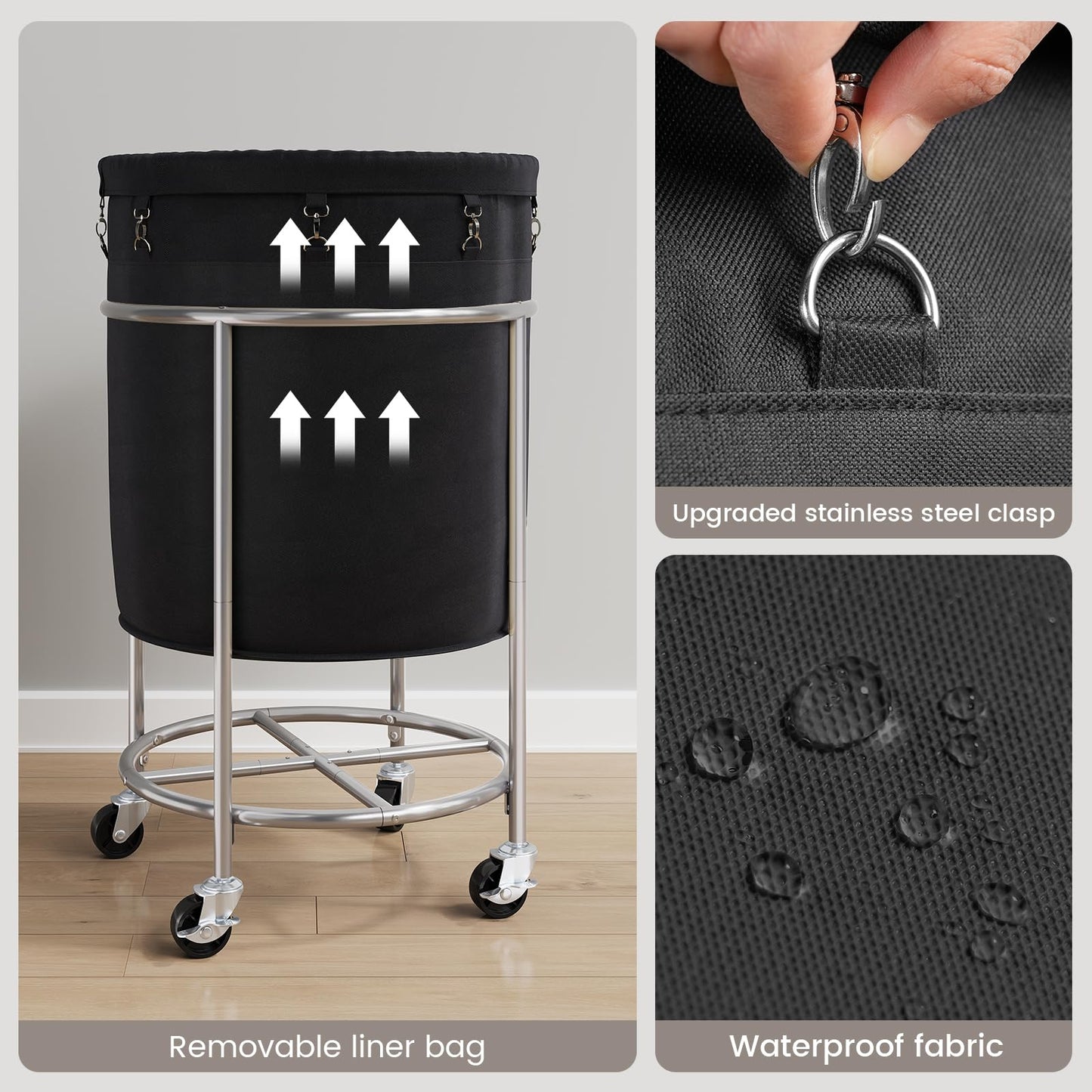 ELYKEN 190L Laundry Basket with Wheels, Large Rolling Laundry Hamper with Removable Liner Bag, Round Rolling Laundry Cart, Dirty Clothes Hamper for Hotel, Home, Closet, Dorm, Black