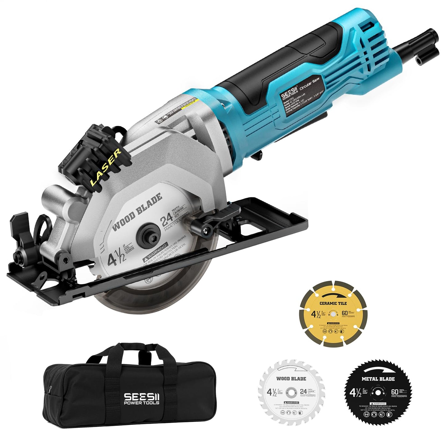 Seesii Mini Circular Saw with Laser Guide,4.8A 4000 RPM Compact Corded Circular Saw with Rip Guide,3 Blades (4-1/2") for Wood,Soft Metal,Tile,Plastic Cutting,Max Cut Depth 1-11/16"(90°),1-1/8" (45°)