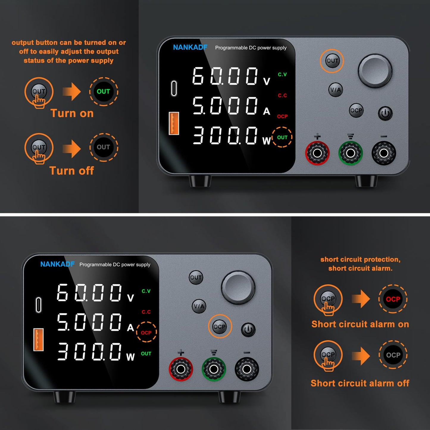 DC Power Supply, Bench Power Supply with Encoder Adjustment, 5V/3.6A USB&Type-C Quick-Charge, Adjustable Power Supply with Output Enable/Disable Button, Short Circuit Alarm