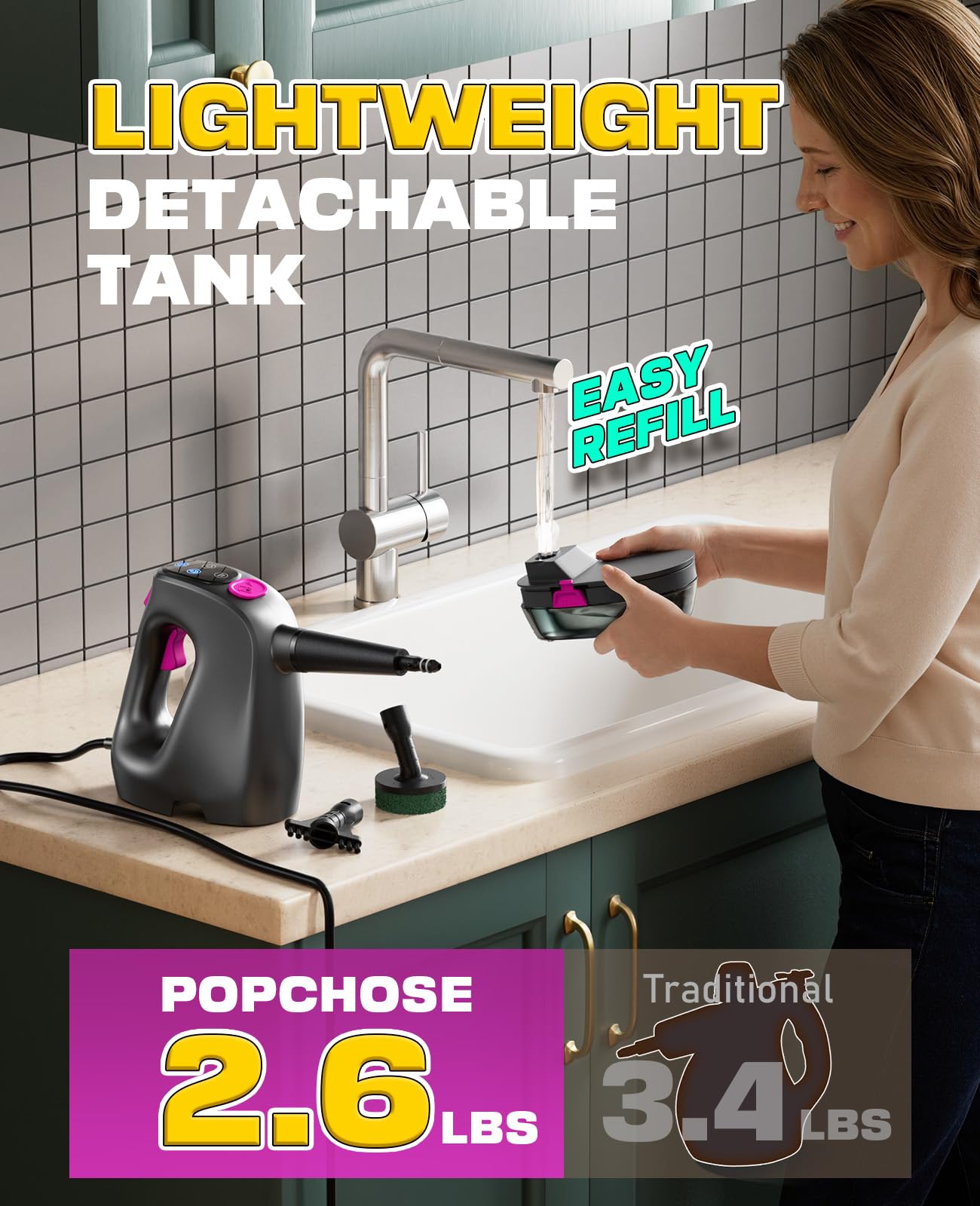 POPCHOSE Steam Cleaner with Detergent Dispenser,15s Heat-Up Handheld Steam Cleaner for Home, 500ml Removable Water Tank, Lightweight Portable Steamer for Cleaning Grout, Windows, Kitchen, Easy Refill