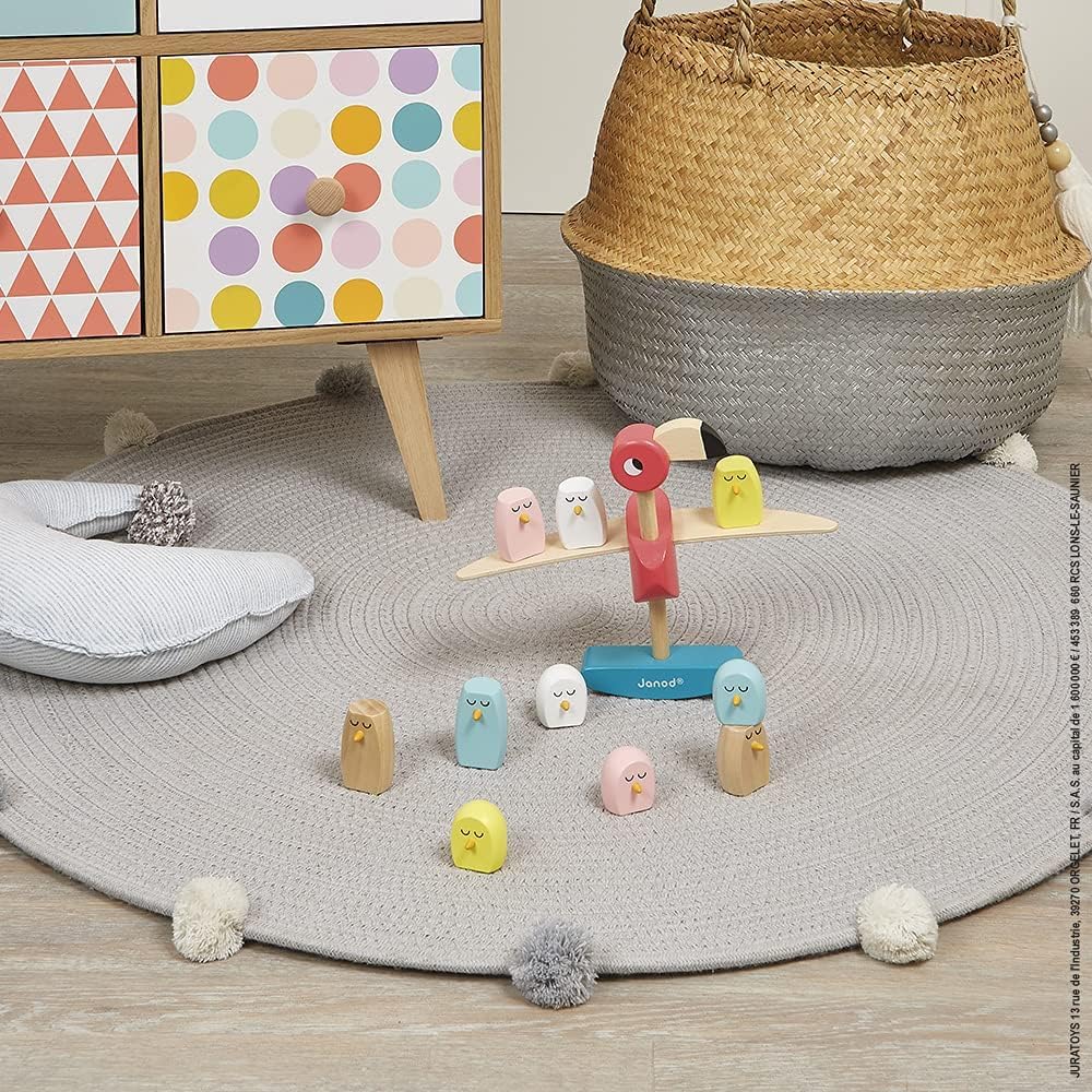 Janod - Flamingo Balancing Game - Wood - Fine Motor Skills Development Game - Early-Learning Toy - Creative and Imaginative - for Toddlers - from 3 Years + - Multilingual - J08230.