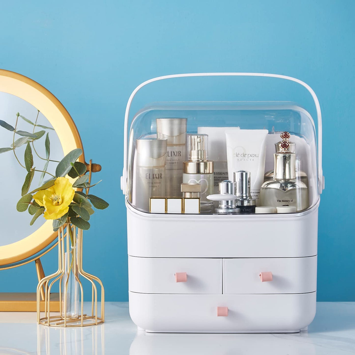 SUNFICON Preppy Skincare Organizers Makeup Organizer Holder Beauty Cosmetic Storage Box Large Display Case Dust Free Cover Portable Handle 2 Rroomy Drawers Gift Great For Bathroom Countertop White