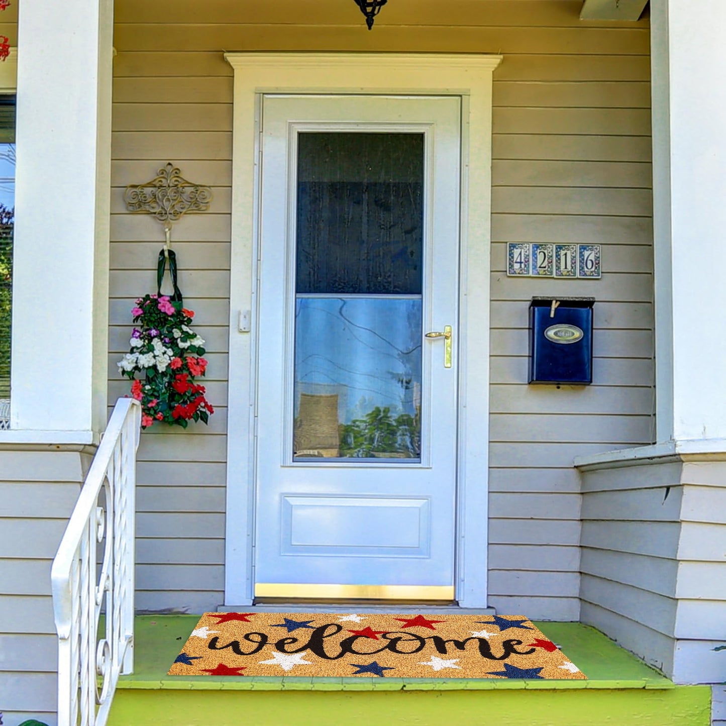 Whaline Patriotic Natural Coir Door Mat 4th of July Red Blue White Star Welcome Doormat Non-Slip Entrance Door Rugs for 250th Anniversary Independence Day Home Decor, 16.5 x 29 Inch