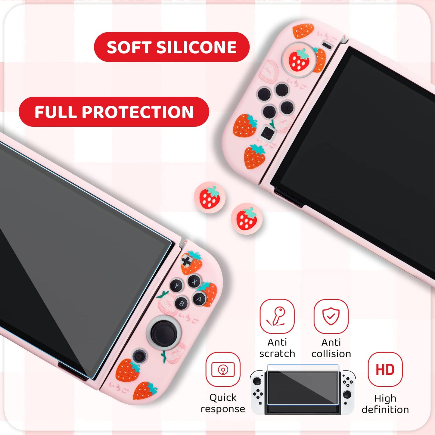 RHOTALL Strawberry Theme Carrying Case Set for Nintendo Switch OLED, Cute Accessories Bundle for Switch OLED with TPU Protective Shell, Adjustable Shoulder Strap, Screen Protector and 2 Thumb Caps